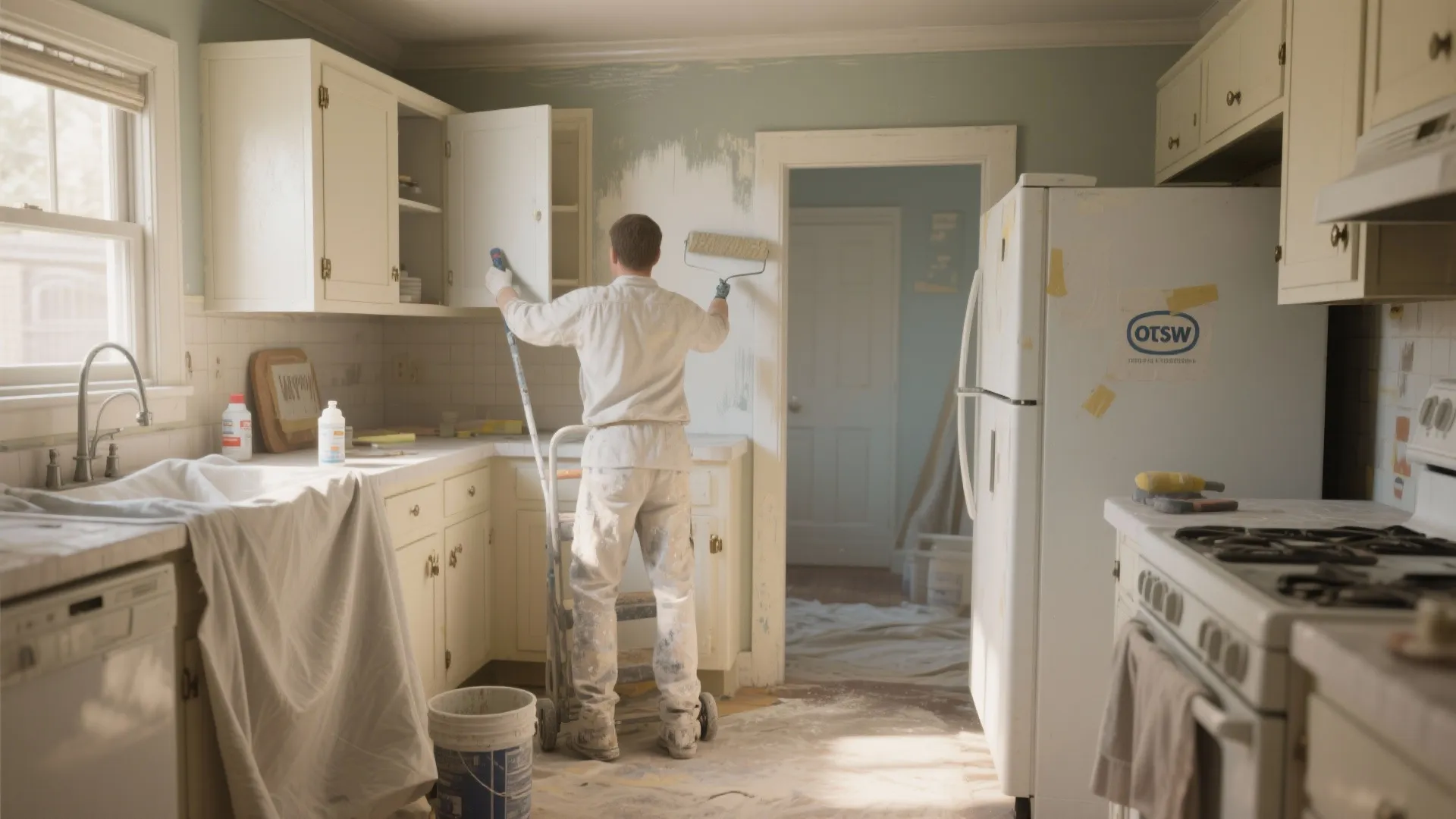 Man painting kitchen walls with a roller while standing on a small ladder near cabinets