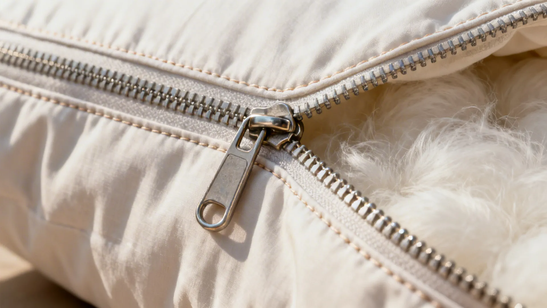 Close-up of a plush pillow insert partially inside a zip cover showing loft