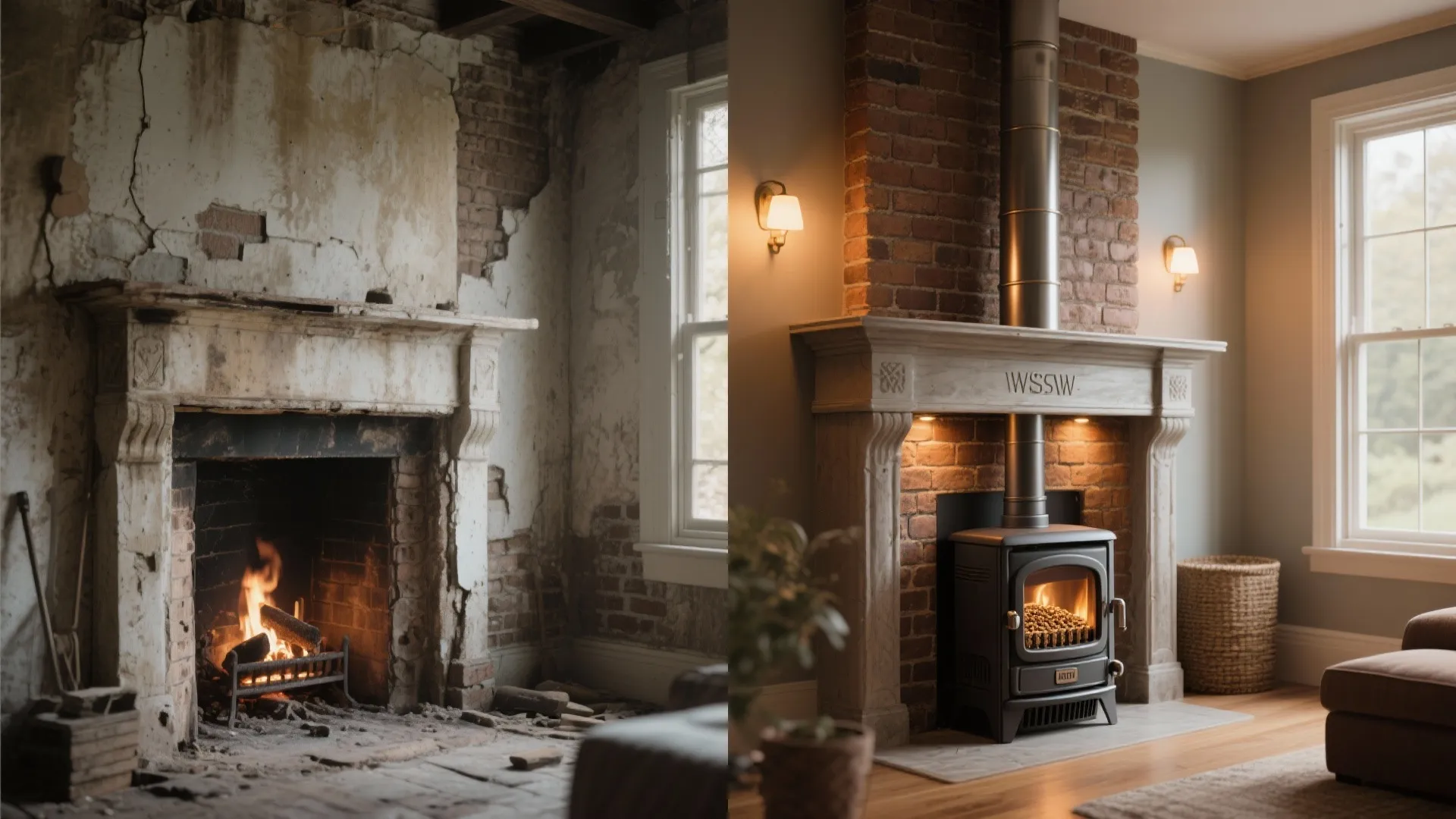Before-and-after of a fireplace retrofitted with a modern pellet stove insert and lined chimney