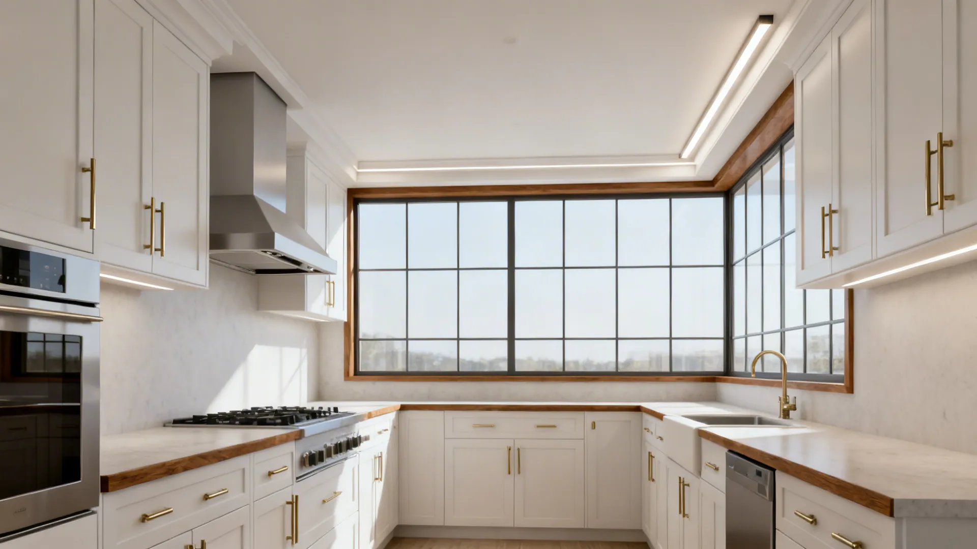 Recessed insert hood concealed in a shallow soffit that spans a window head.