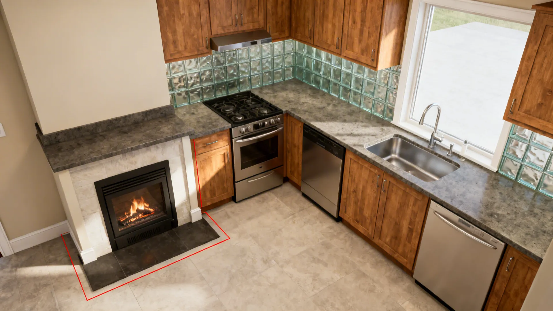 Top-down view of an L-shaped compact kitchen showing clearances and landing zones around a sealed insert.