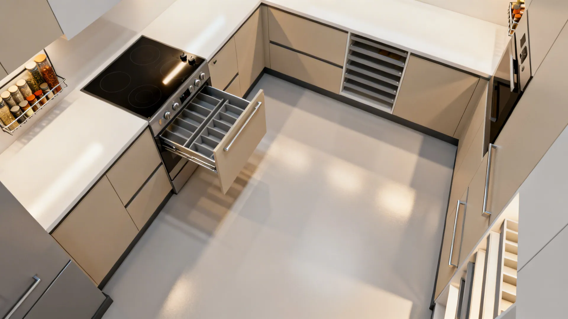 Top-down view of L-shaped tiny kitchen showing slim pull-outs and organized inserts.
