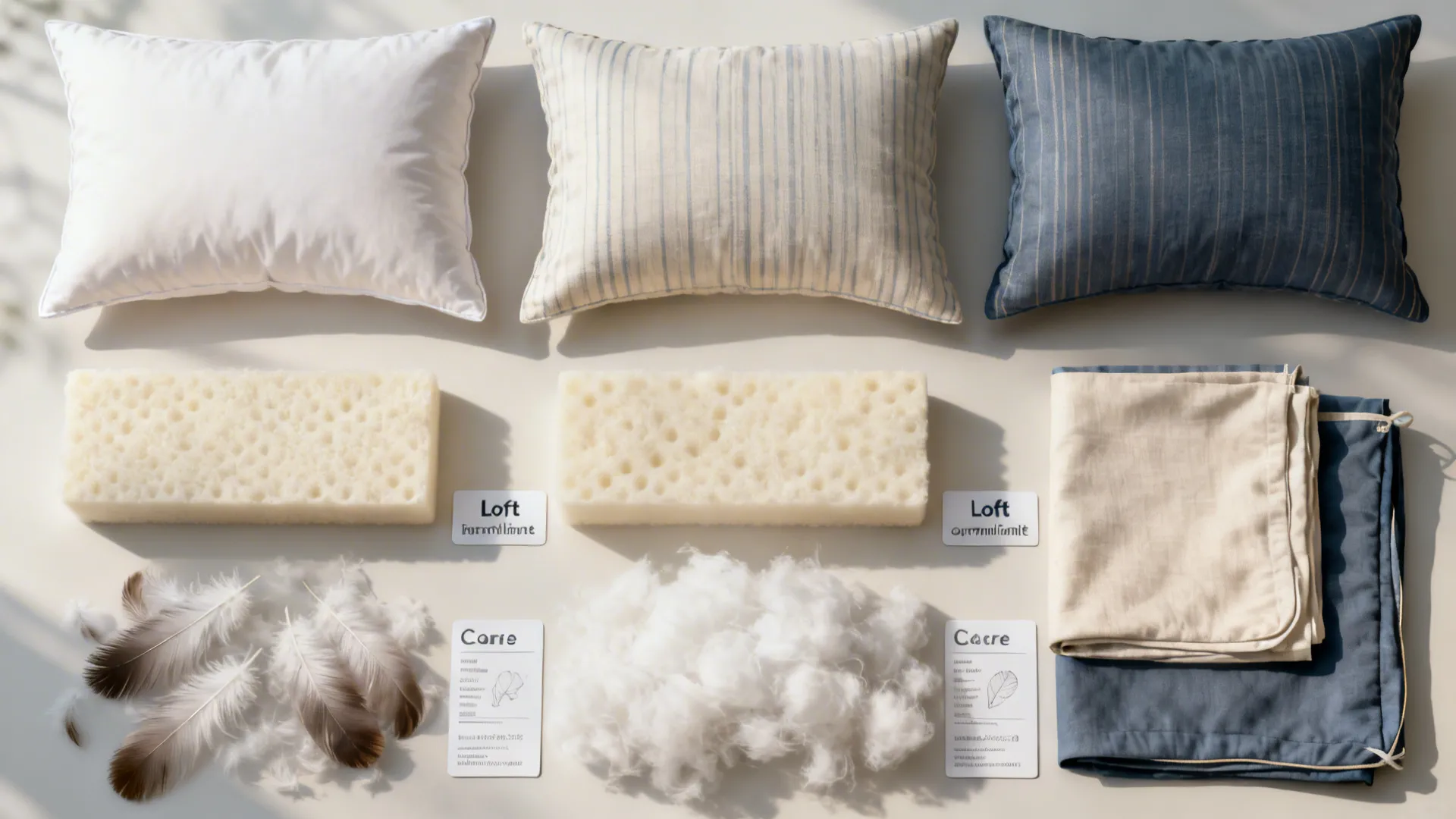 Flatlay showing feather and foam pillow inserts with removable covers labeled for care and loft.
