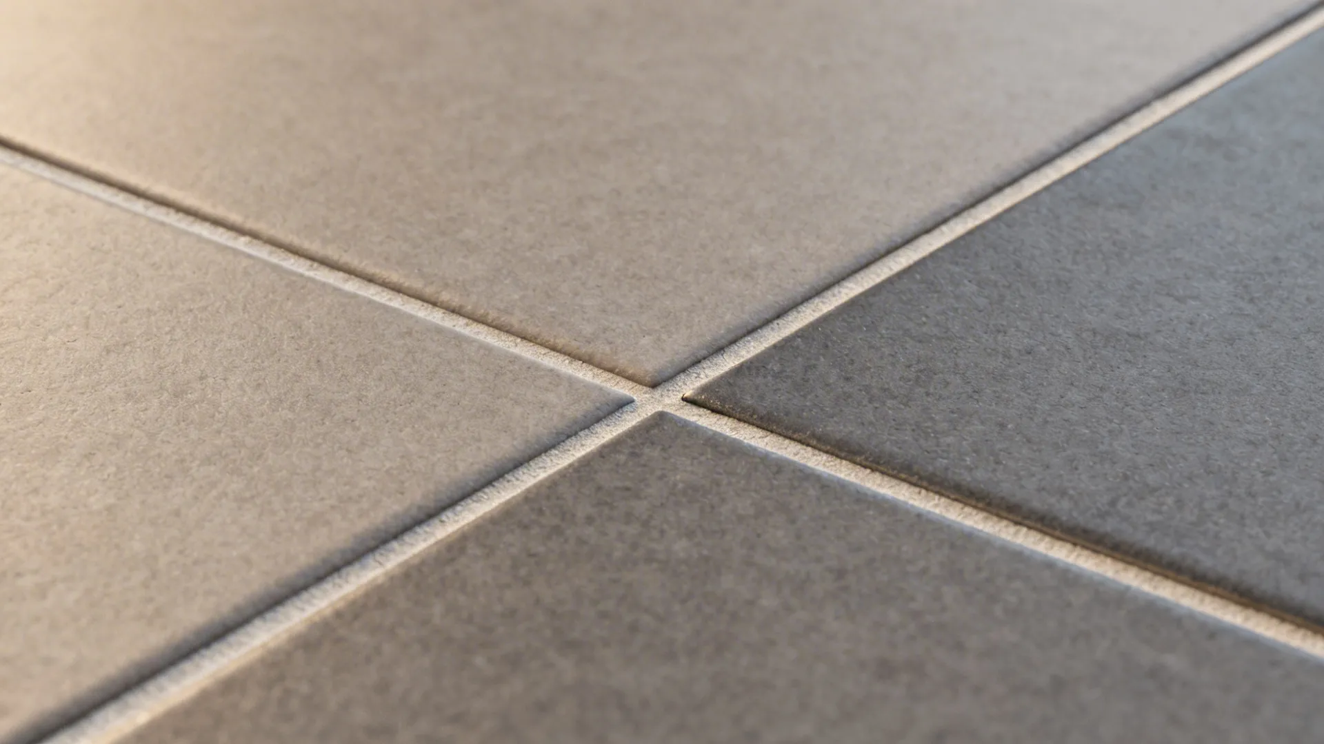 Macro of a matte gray tile meeting a slightly darker border with tight grout lines.