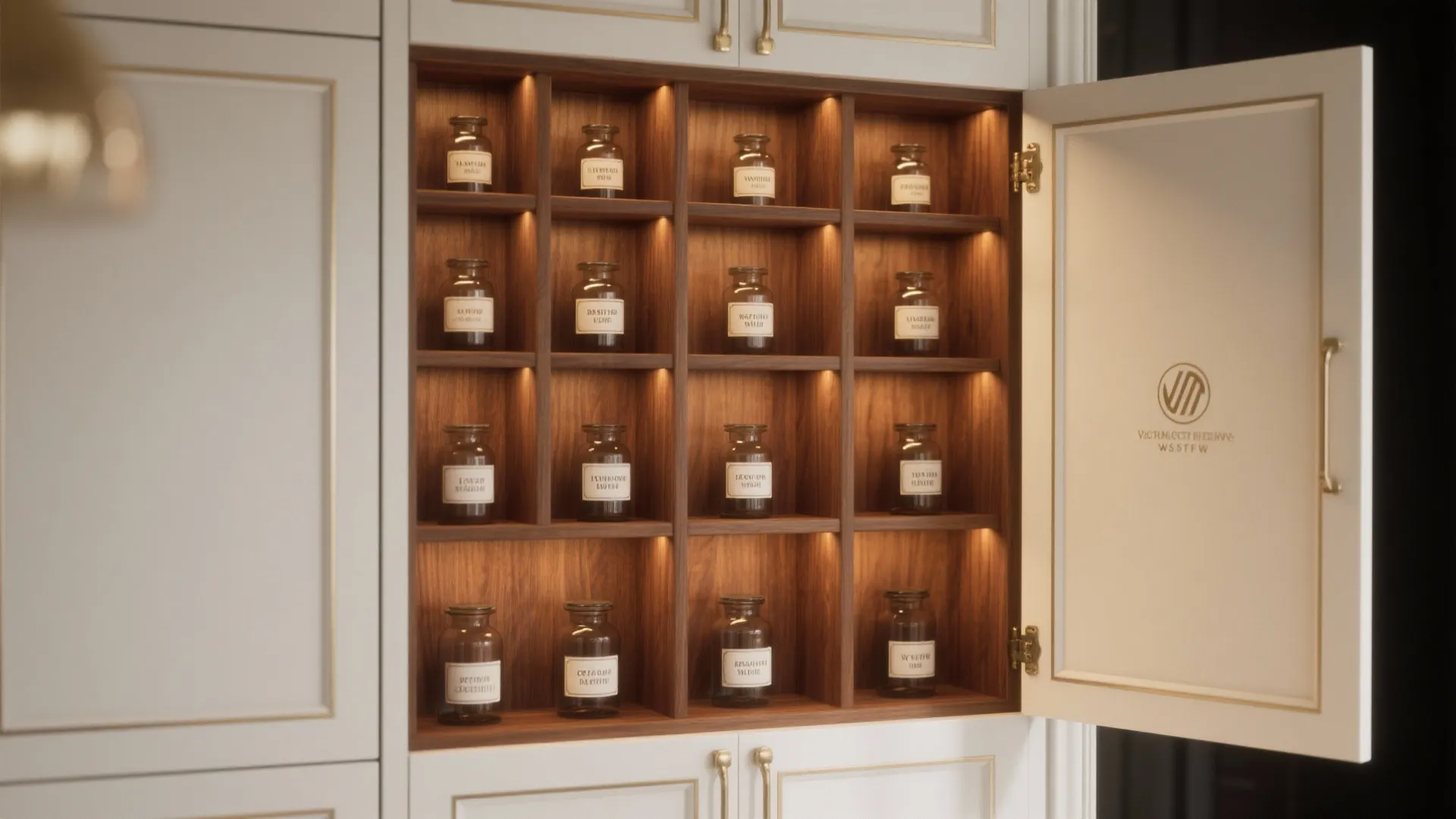 Custom inset cubbies with angled shelves and labeled spice jars in a cabinet door.