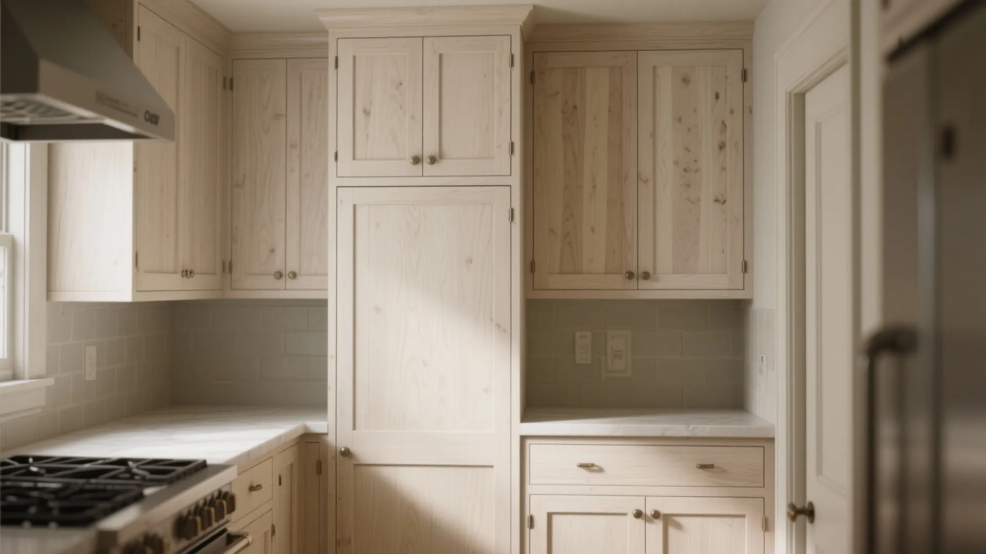 Inset quarter sawn white oak cabinet doors with precise seams and furniture-like appearance.