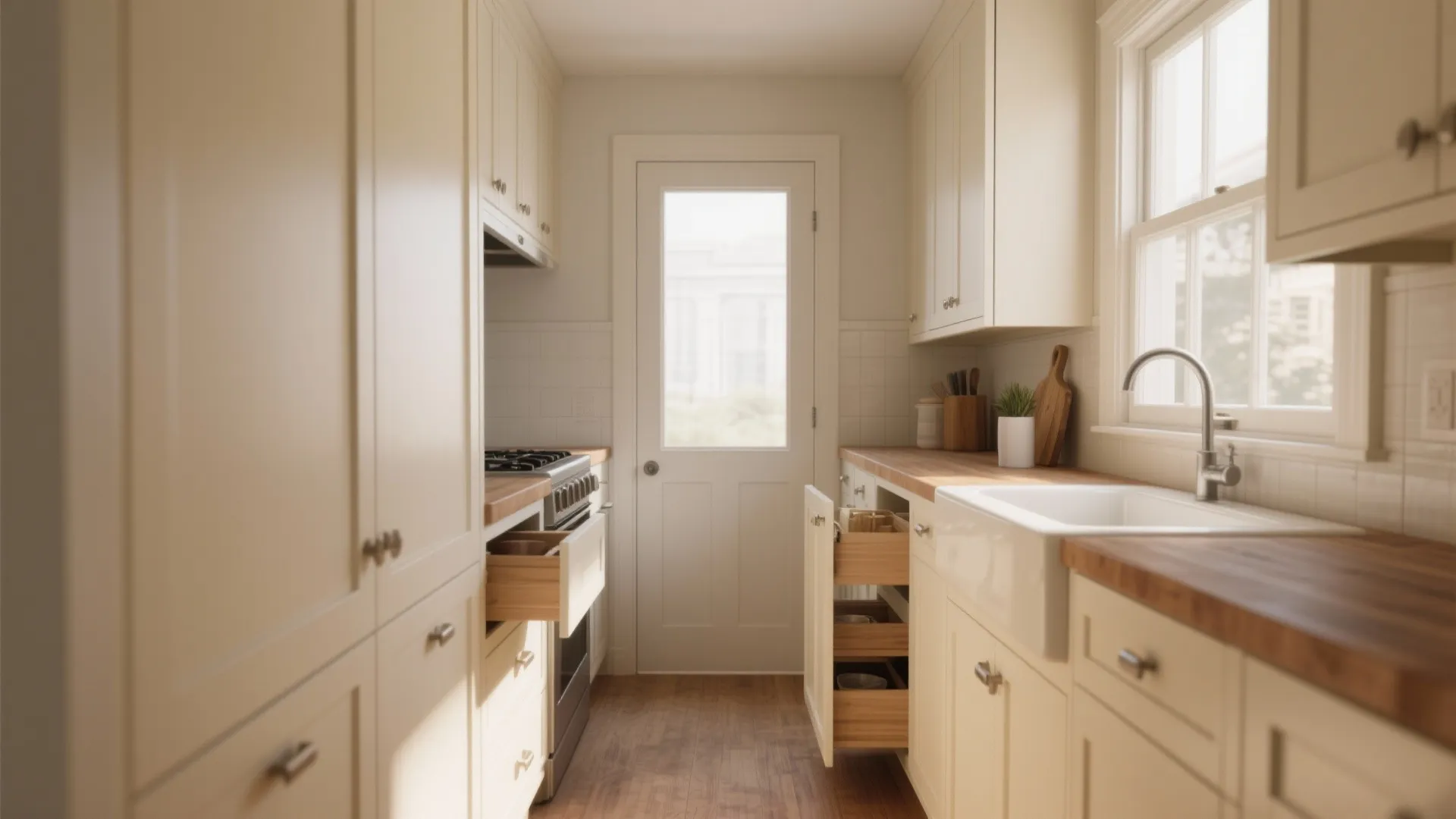 Narrow cream kitchen with open drawers wooden countertop white sink door and natural window light