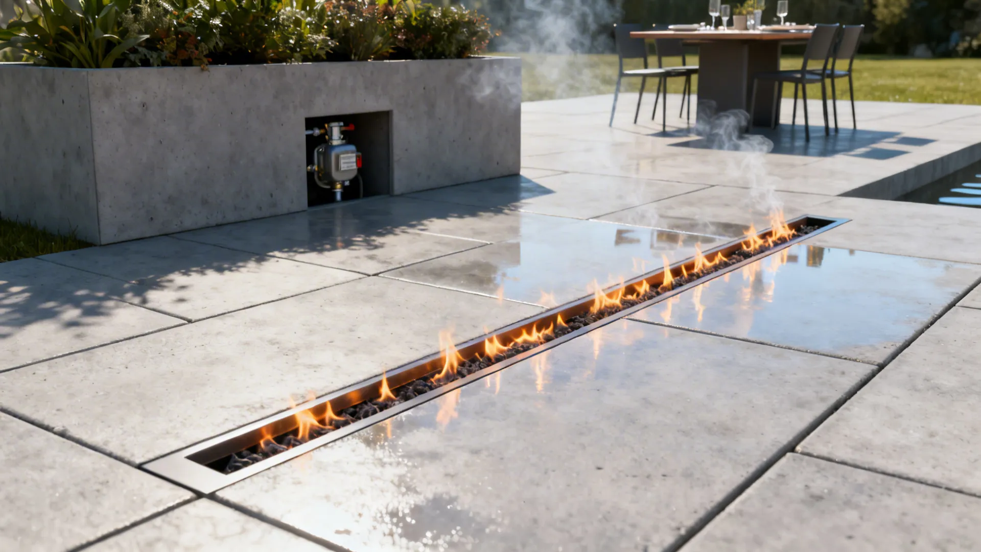 Modern linear fire pit built into stone floor with nearby planter box and dining table