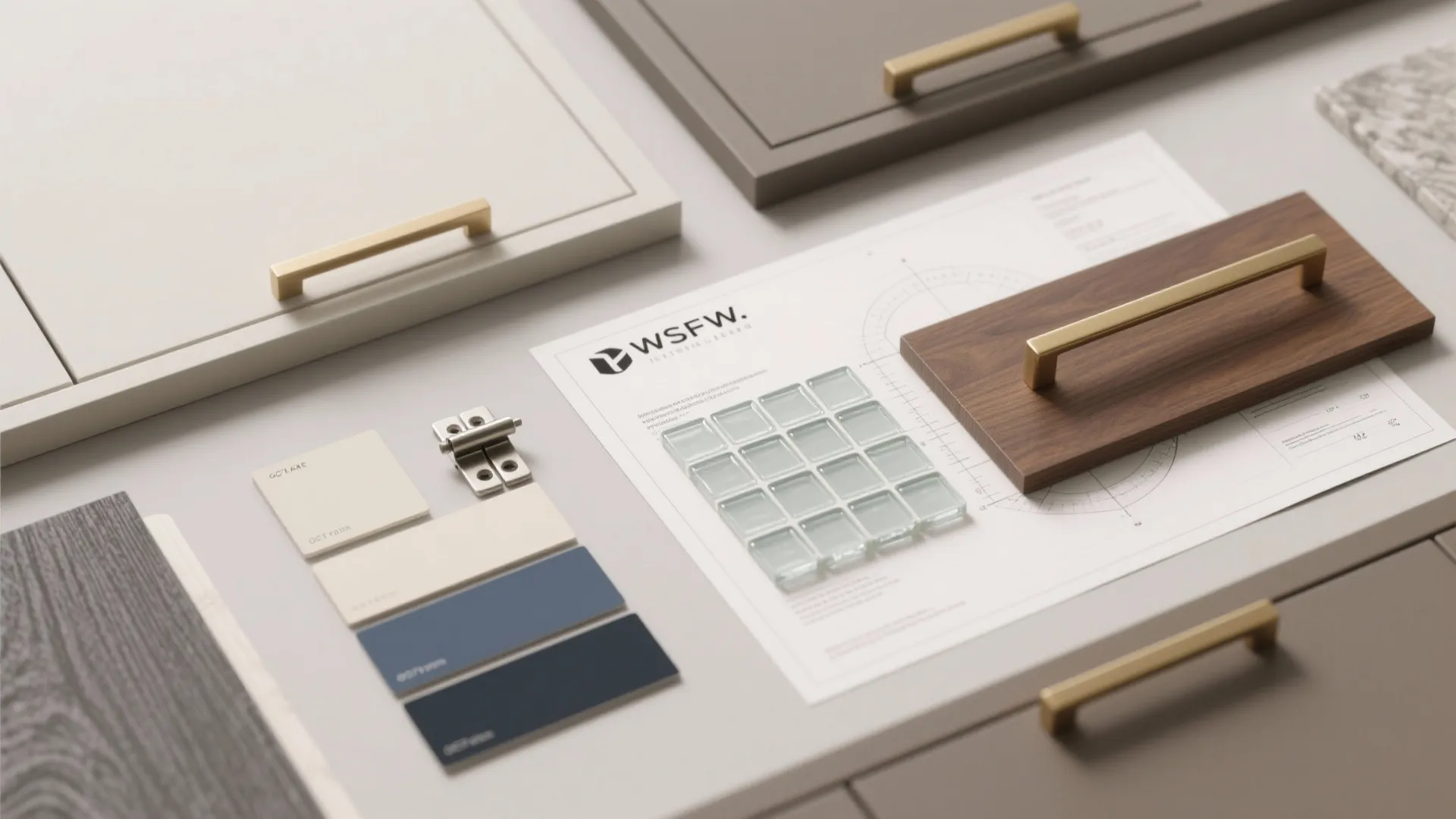 Interior design material samples with cabinet doors, gold handles, color chips, wood, and drawing layout