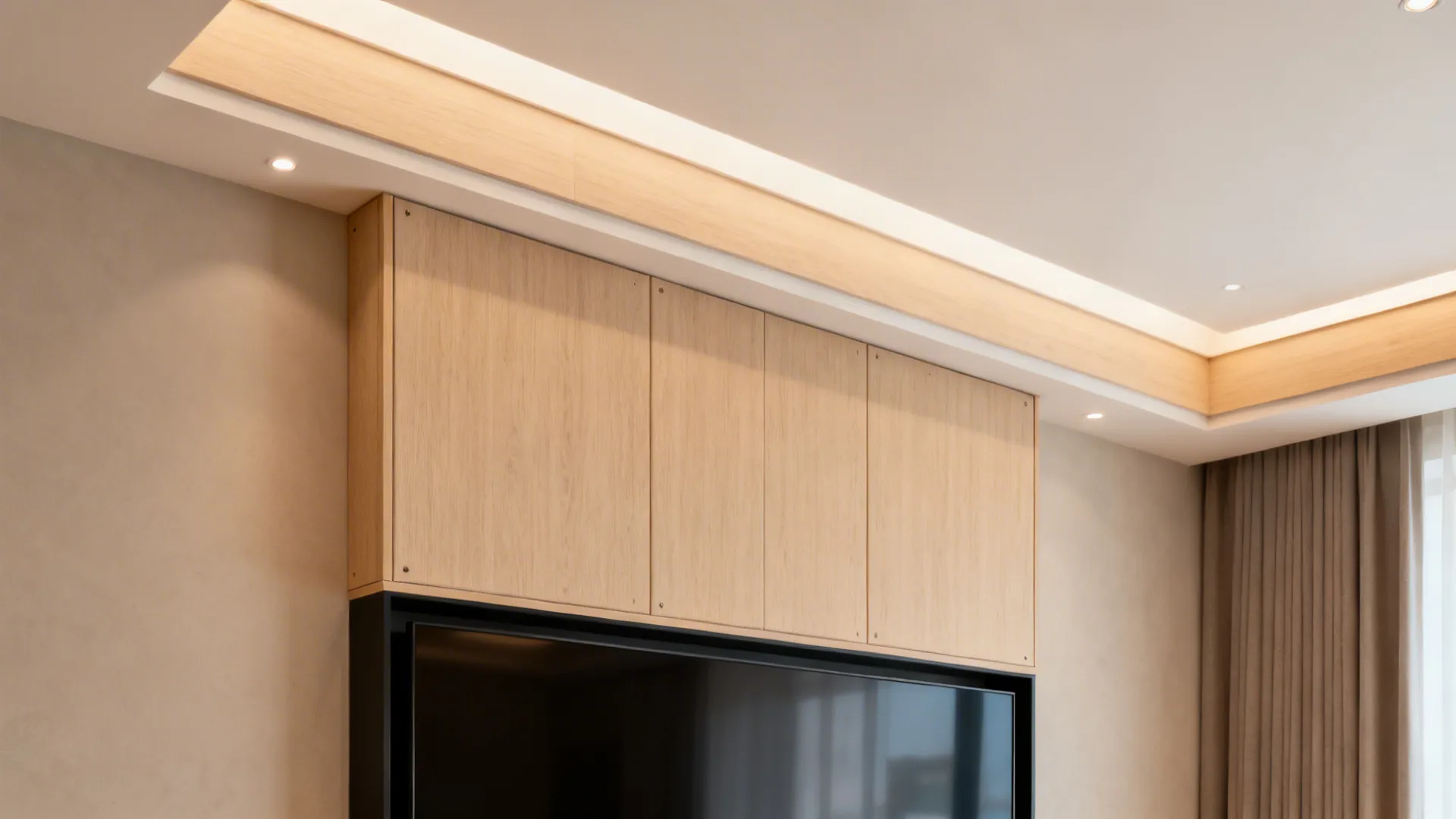 Light wood-look ceiling inset over the TV zone adds texture and depth in a compact room.