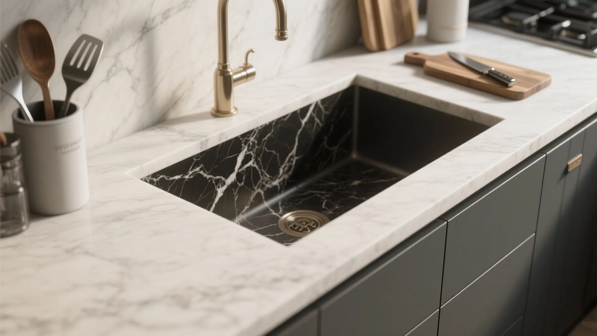 Black marble sink set in white stone countertop with gold water tap and kitchen accessories