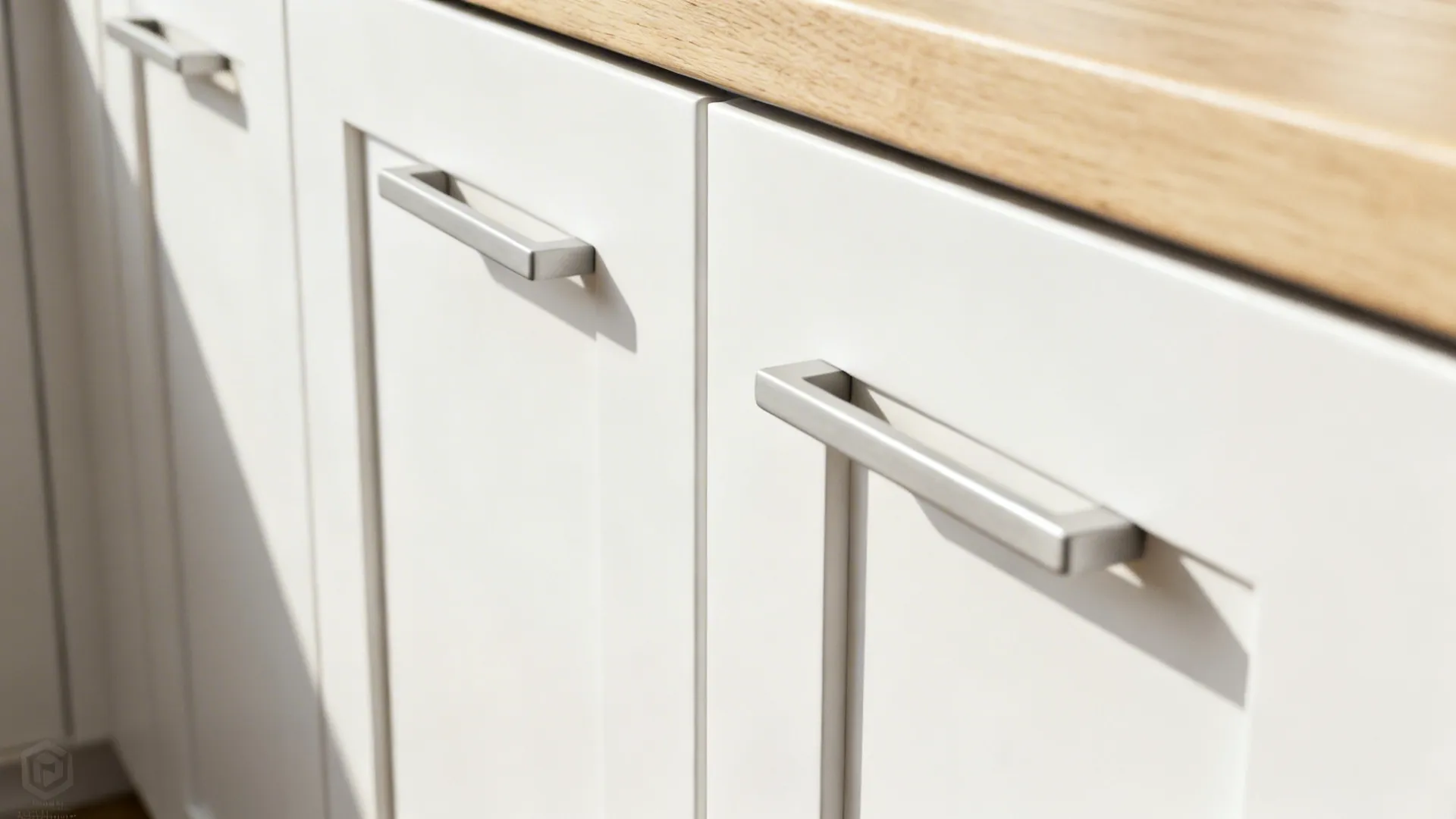 Close-up of inset cabinet pulls on flush white cabinet fronts showing precise fit and texture.