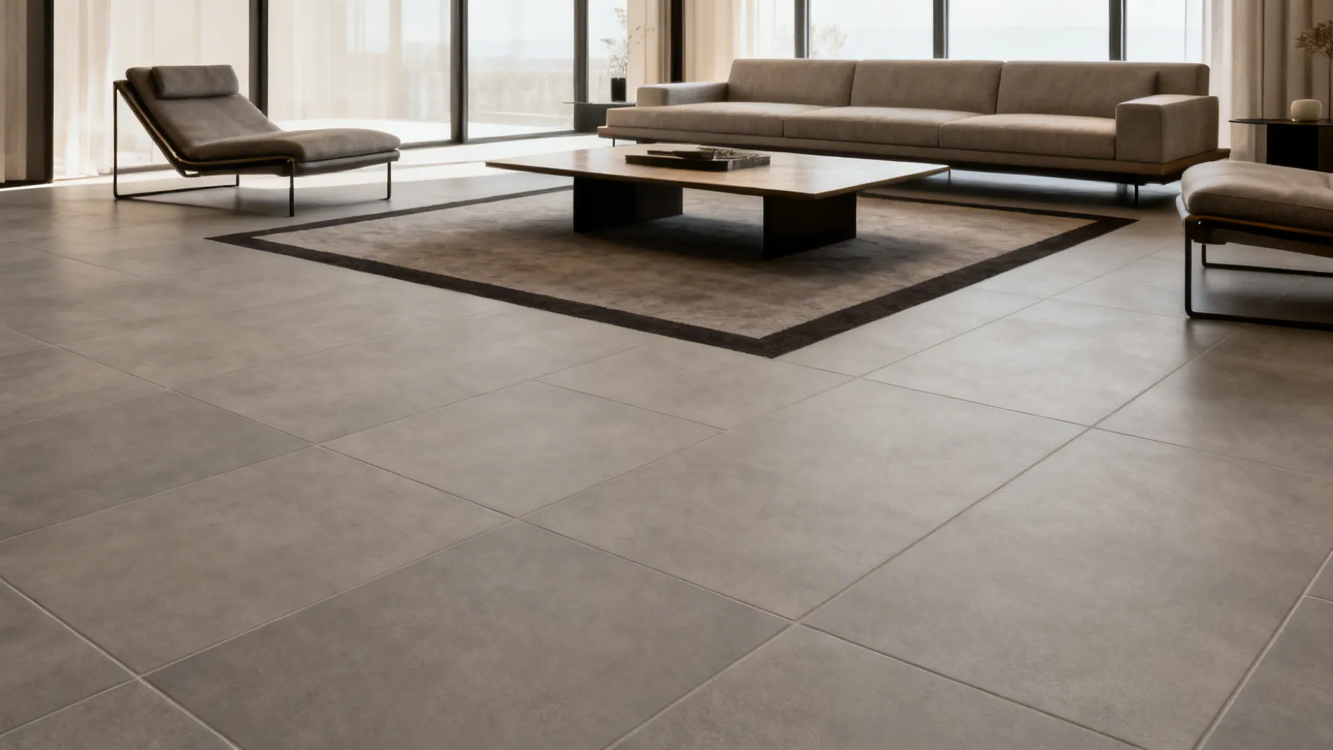 Monochrome matte gray tiles with a darker framed inset define the living room seating area.