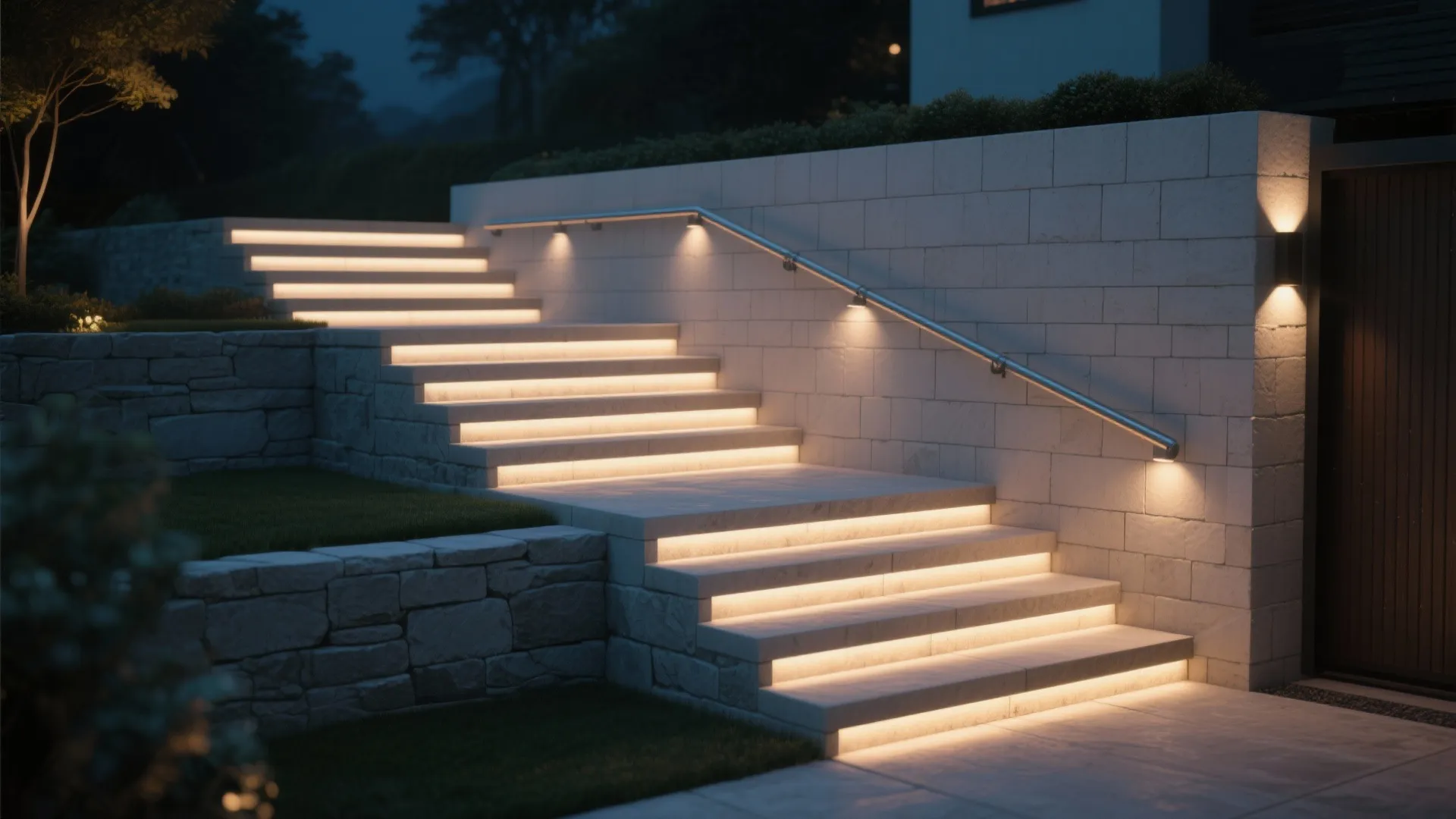 Modern outdoor stone stairs with bright LED light strips under each step during the night