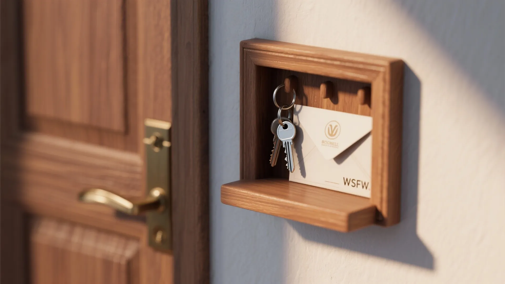 Small wooden wall cabinet near door holding silver keys and a white paper mail envelope
