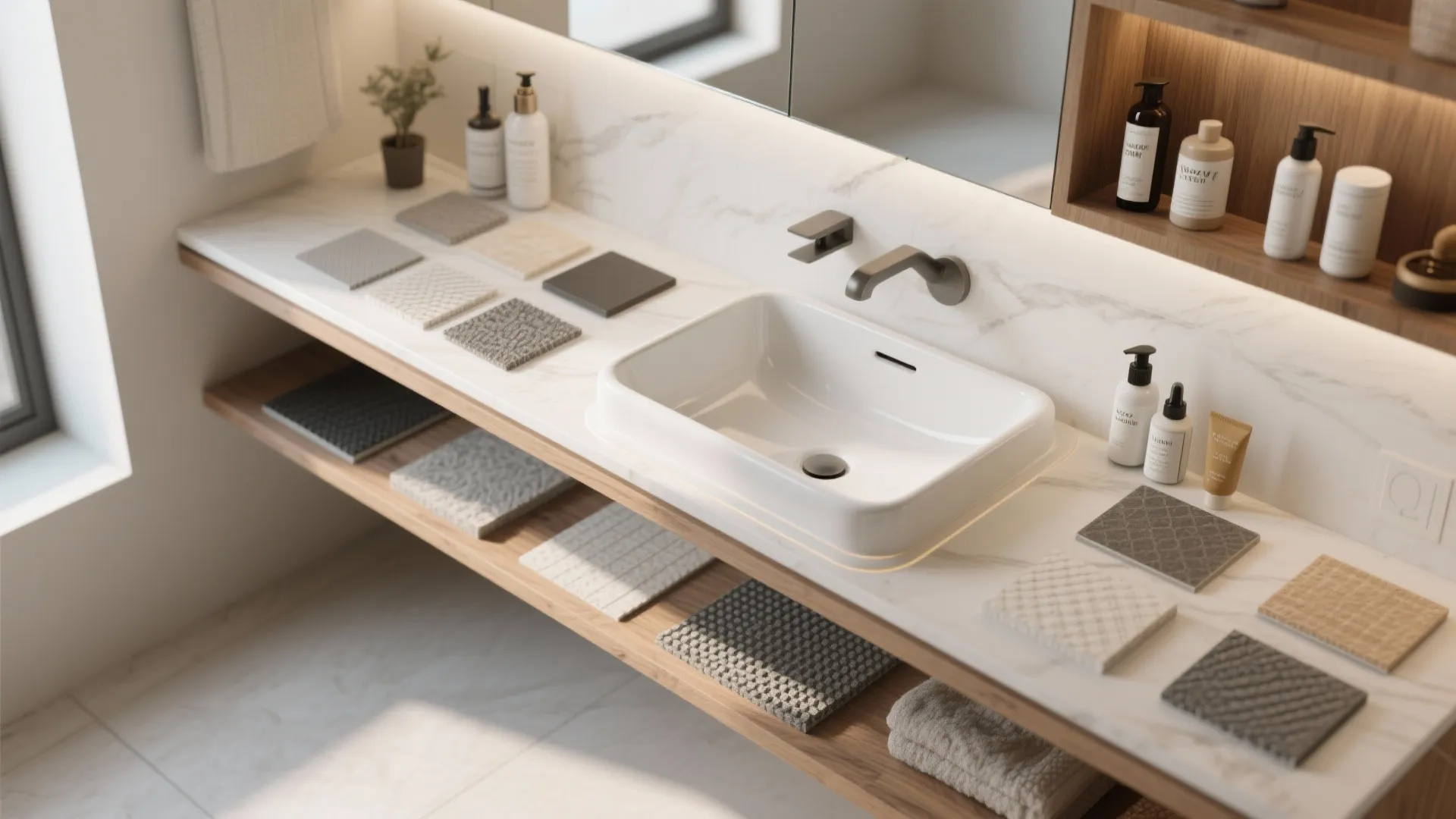 White bathroom sink on marble counter with tile samples and wooden shelves for storage items