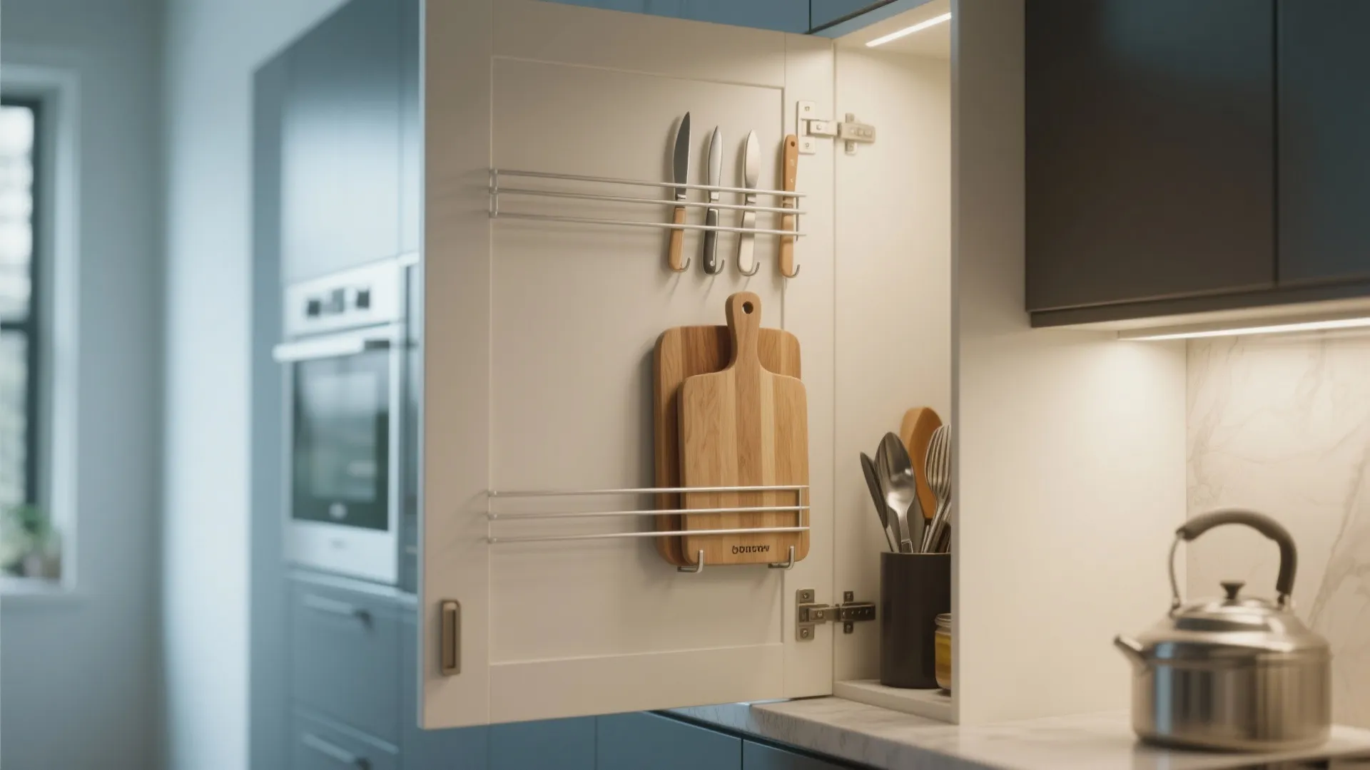 Open white cabinet door with metal racks holding small knives and wooden cutting boards inside