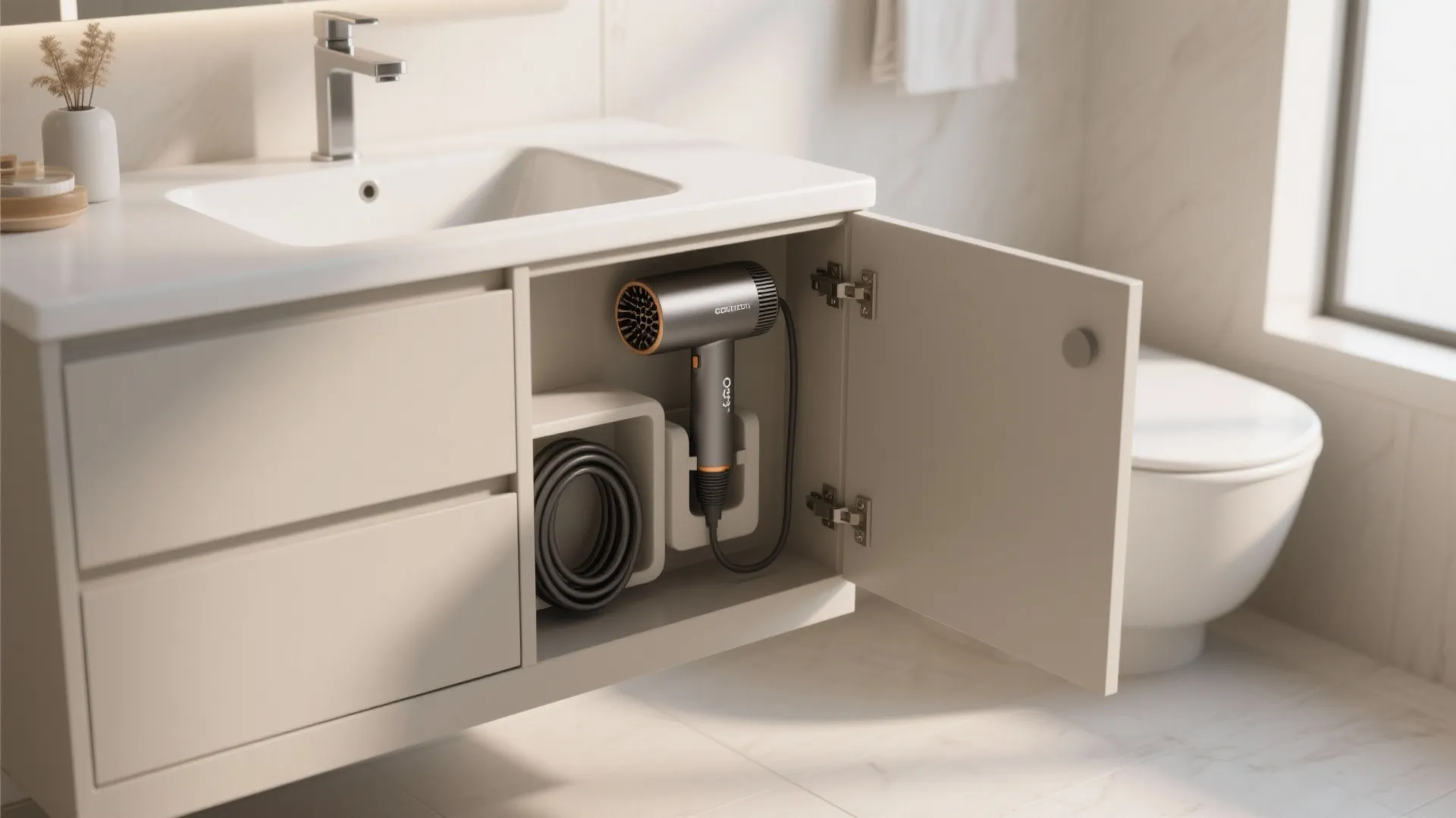 Grey hair dryer stored inside an open white bathroom cabinet with organized cord storage space