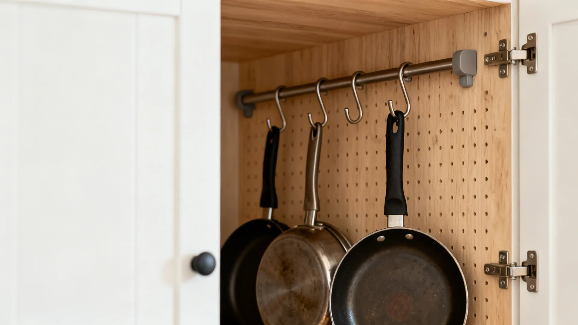 Macro view of a cabinet’s interior pegboard with low-profile hooks organizing pans and lids.