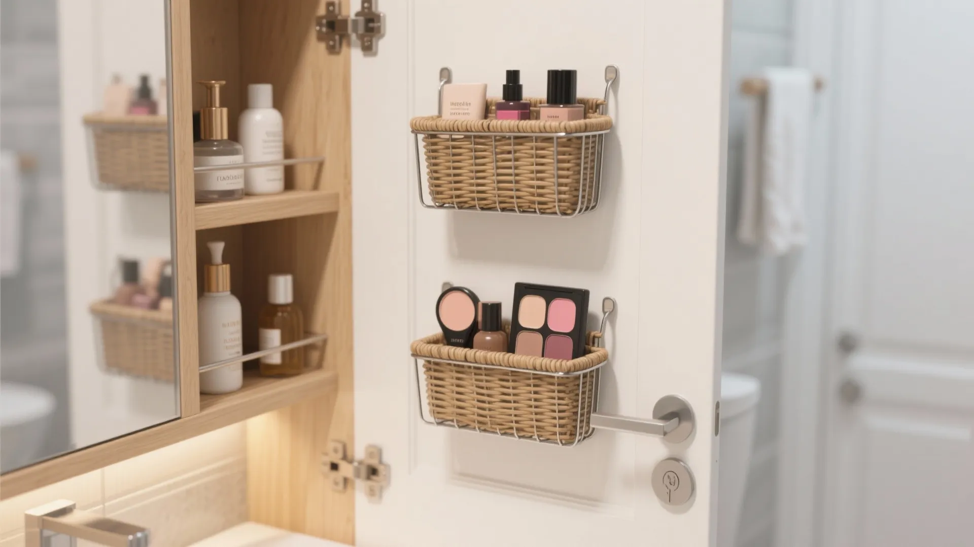 Open bathroom cabinet door with two woven baskets holding makeup palettes, bottles, and skincare products