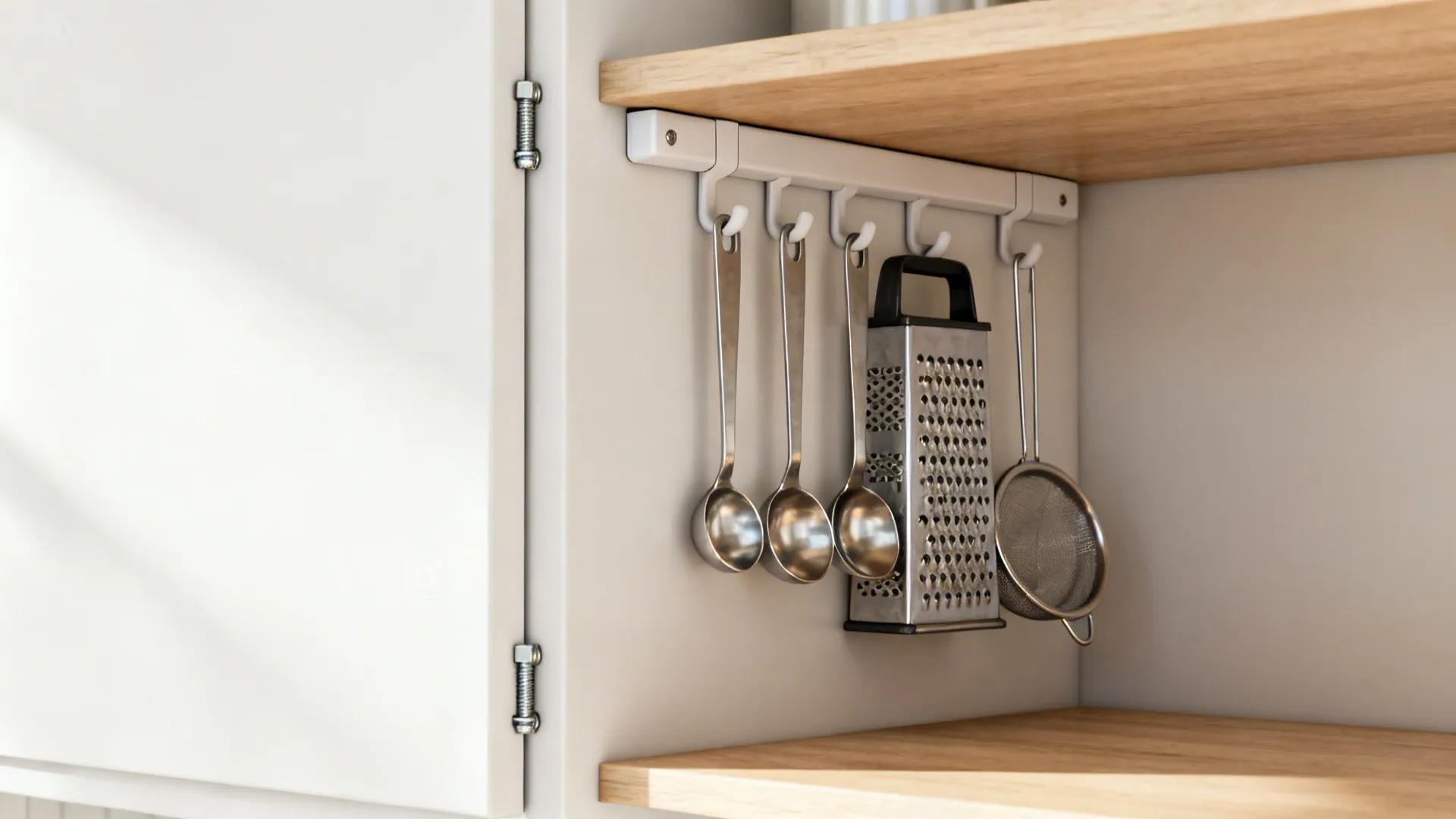 Interior cabinet door with low-profile hooks holding measuring spoons, grater, and a small strainer.