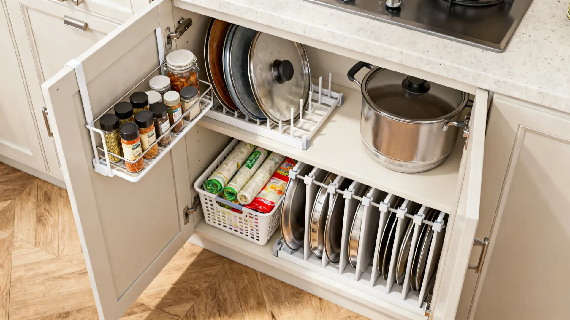 Top-down view of cabinet with inside-door rack for spices and lids and under-shelf baskets inside.