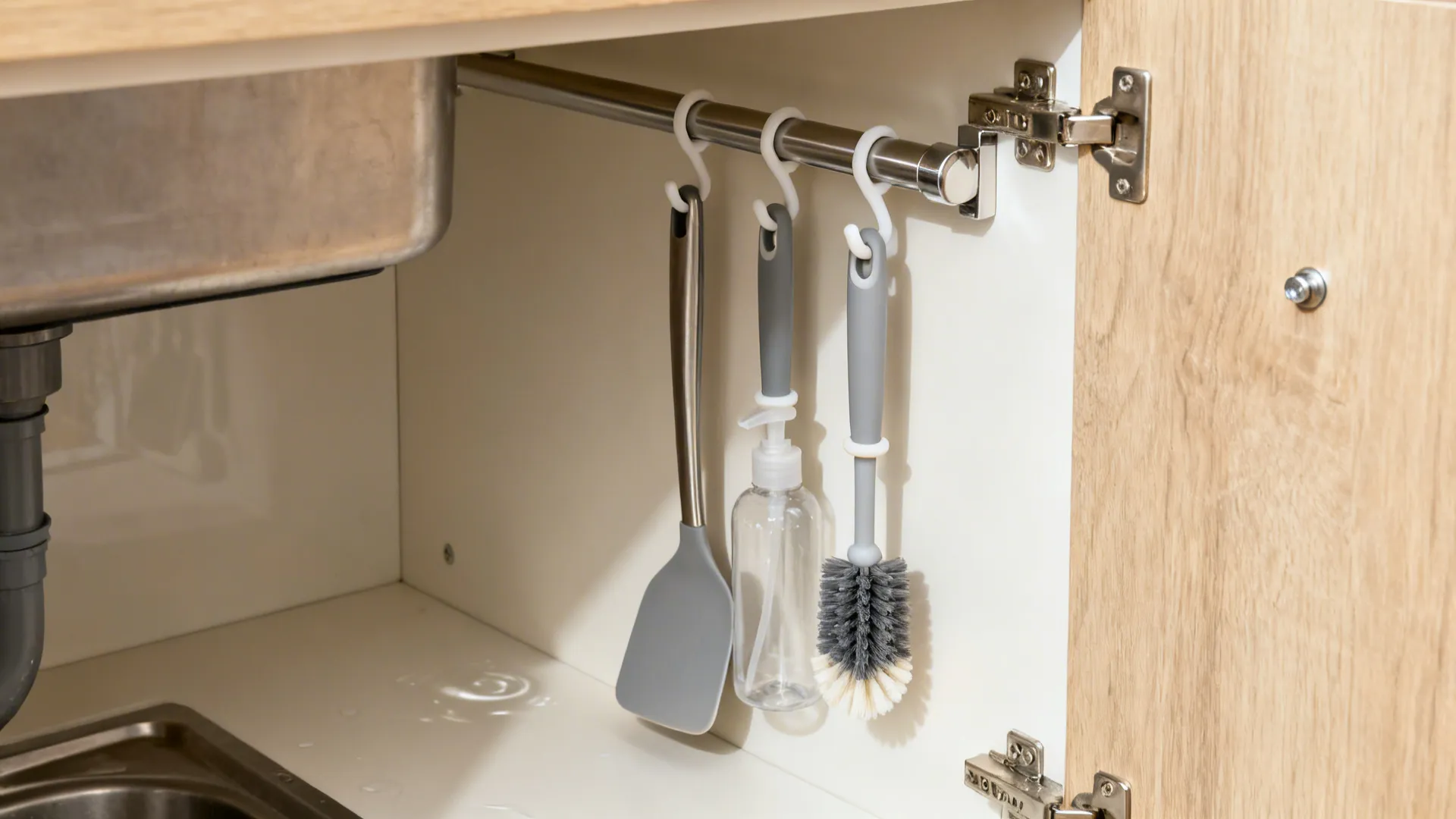 Hidden rail on a cabinet door neatly holds spatulas and brushes inside the sink base.