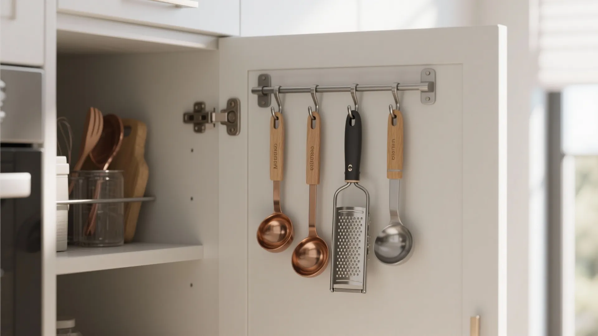 Open white kitchen cabinet door with a metal rail holding spoons and a small grater