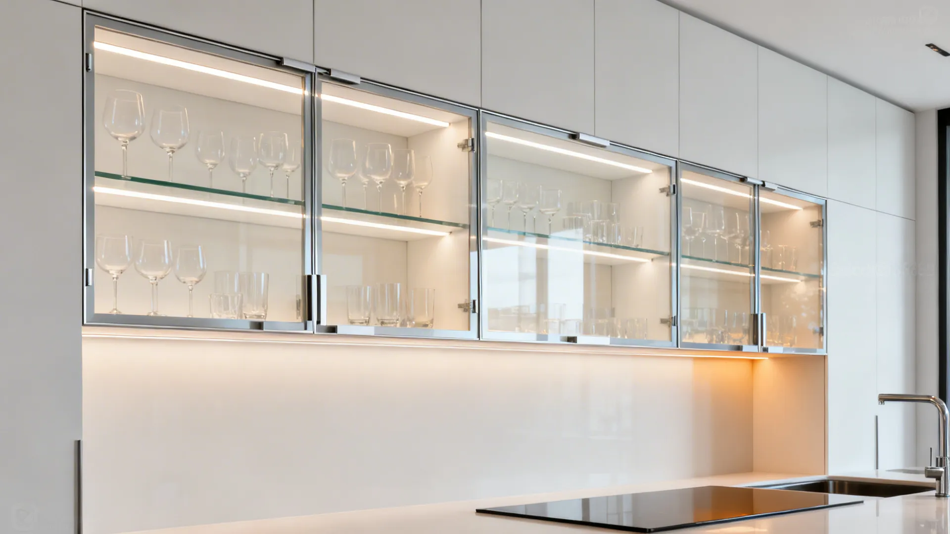 Modern white kitchen wall cabinets with glass doors and internal light strips showing drinking glasses