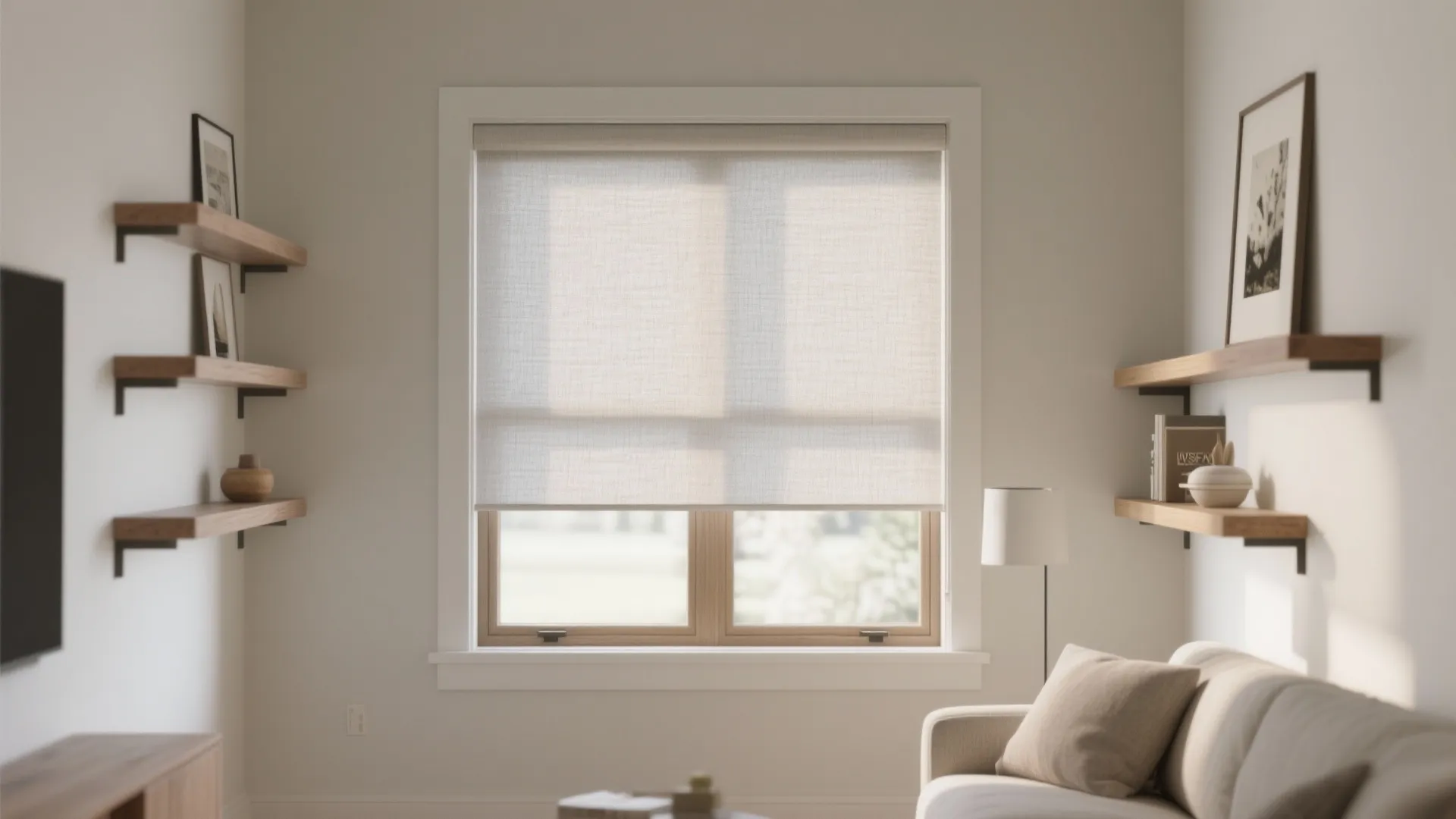Neutral colored window roller blind installed inside a white frame in a bright modern room