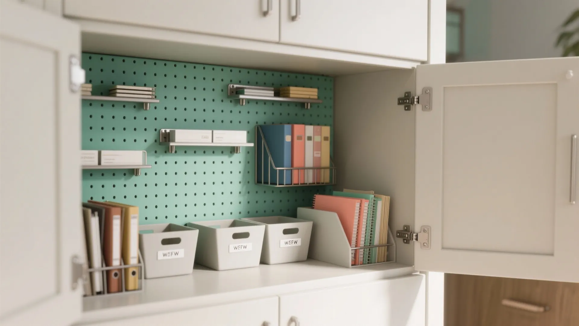 White cabinet with green pegboard holding small shelves storage bins and neatly organized colorful notebooks