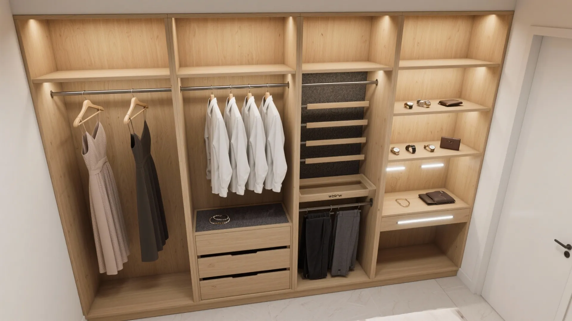 Modern wood walk in closet with light fixtures showing organized clothes dresses pants and drawers