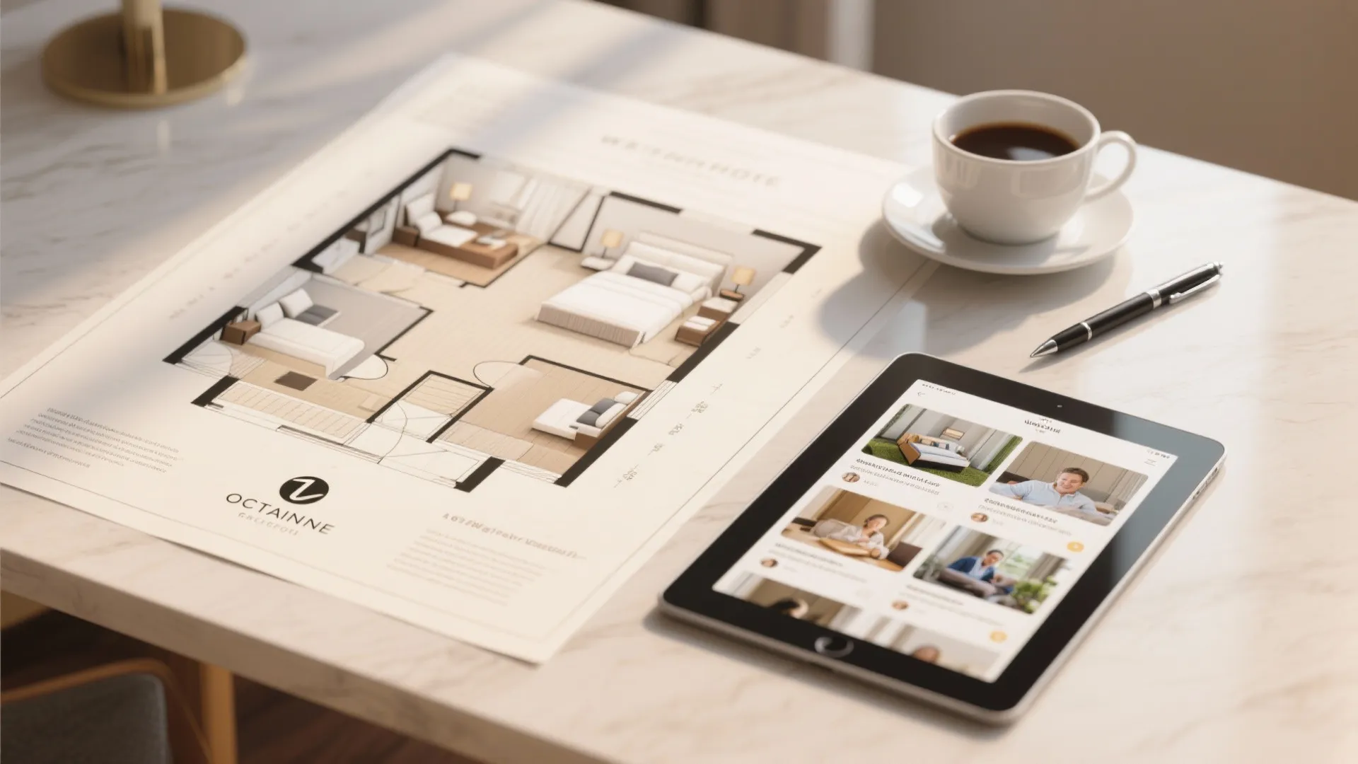 Hotel floor plan design on paper next to a digital tablet with photos and coffee