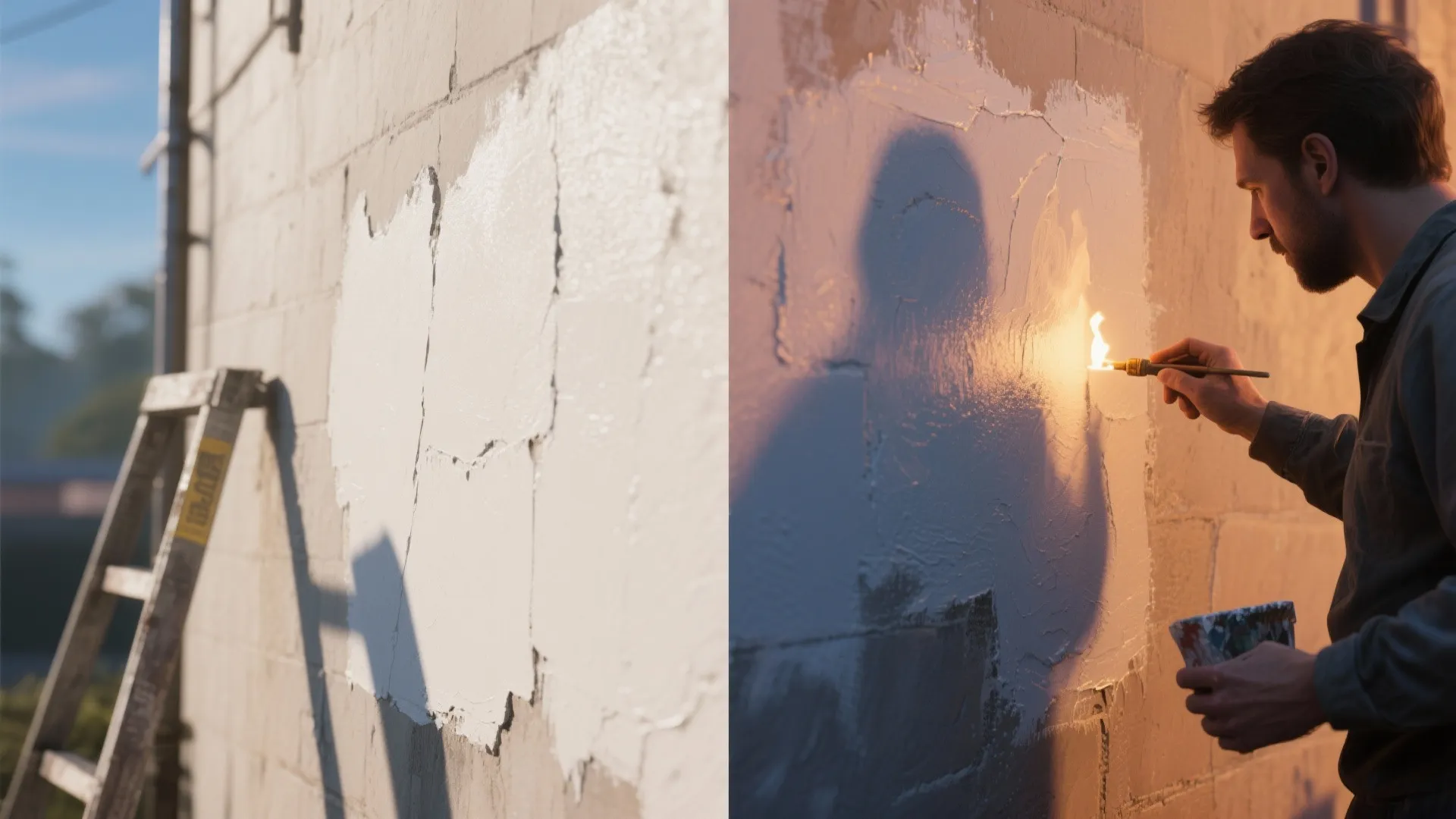 Wall patch shown under bright daylight and warm evening light after drying, with a painter inspecting the finish