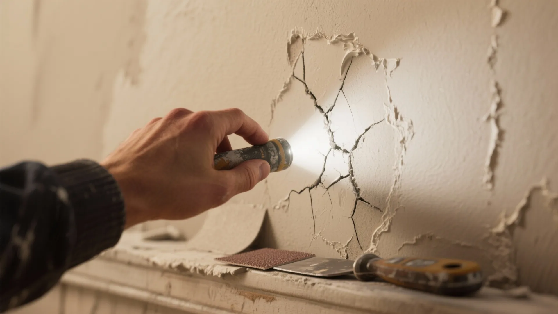 Person holding a small flashlight to inspect a cracked wall area during a home repair