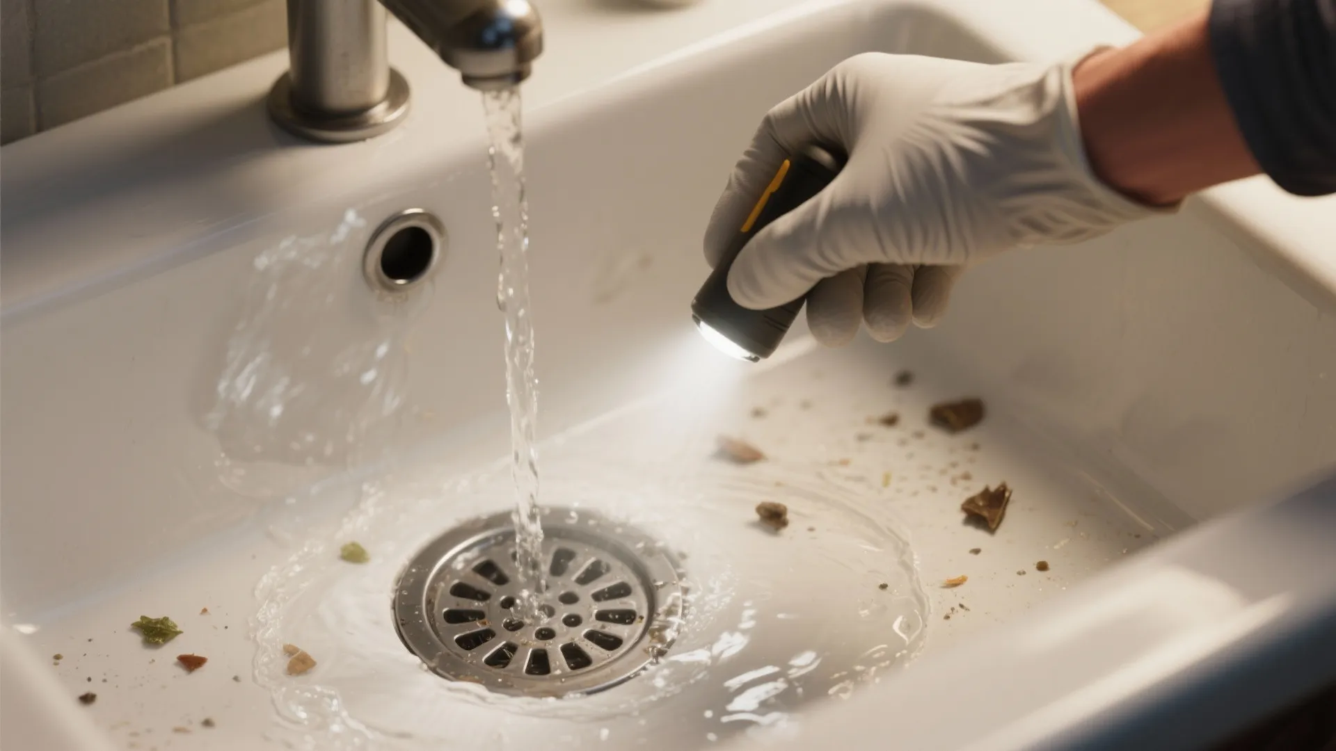 Gloved hand holding a flashlight to inspect a white kitchen sink with running water and debris