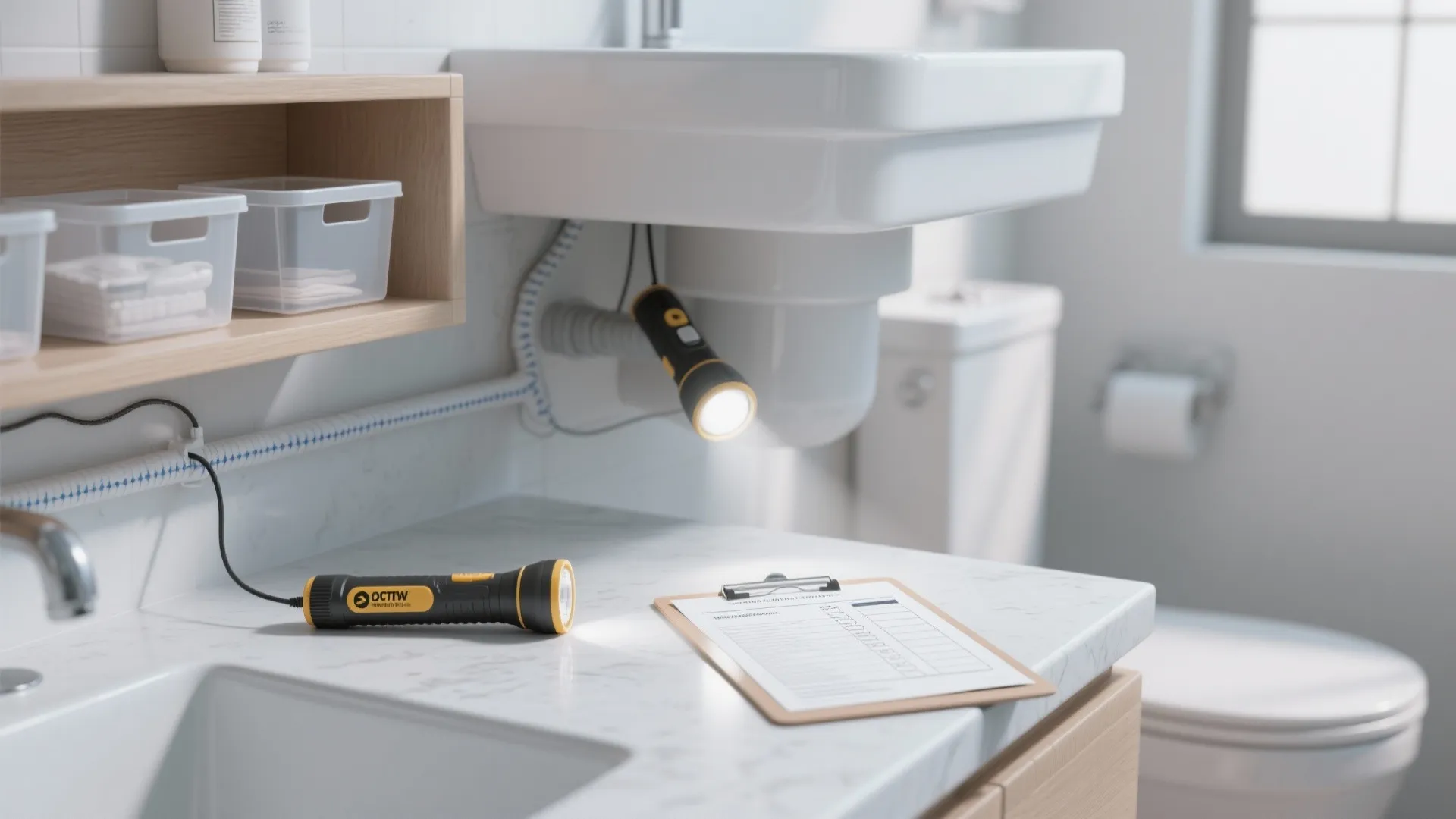 Bathroom inspection with flashlights pointing at a checklist and plumbing under the white porcelain sink