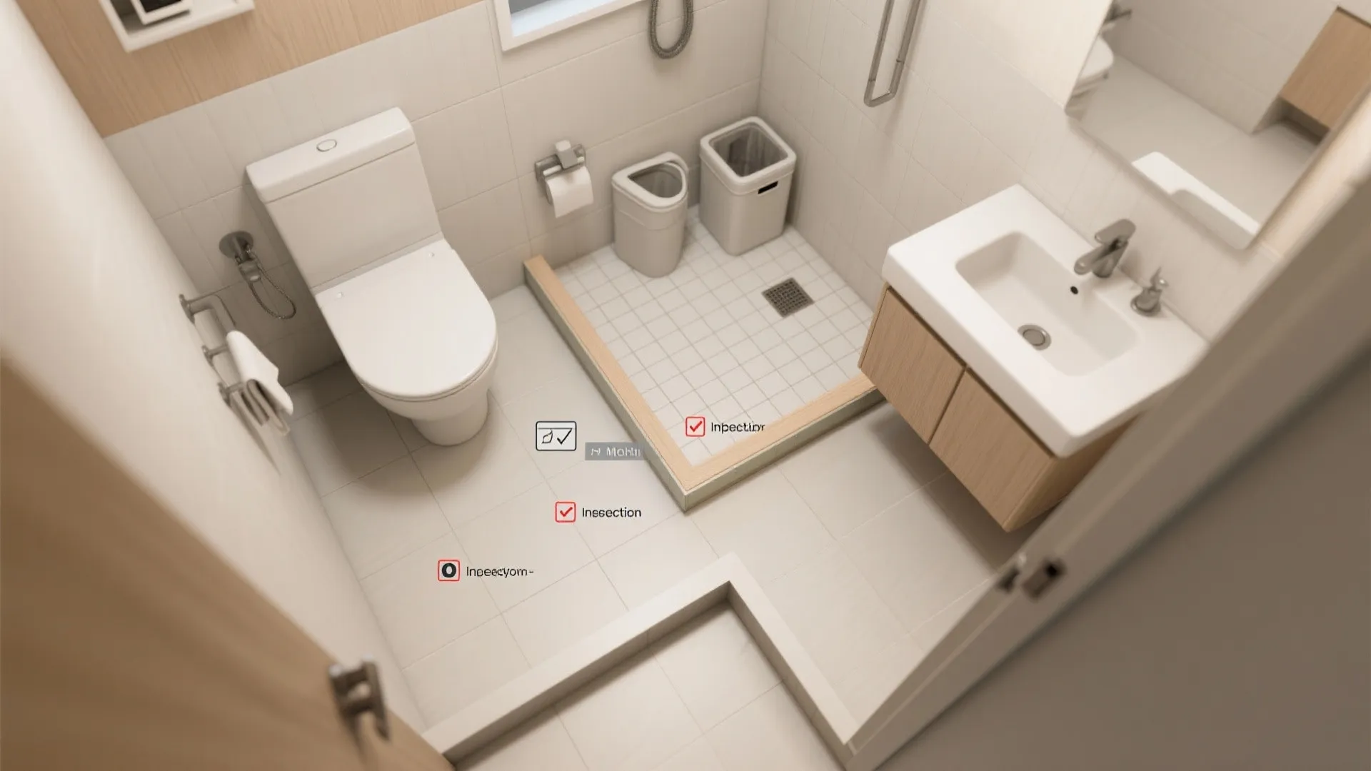 Top-down bathroom layout with highlighted inspection points and removable elements.