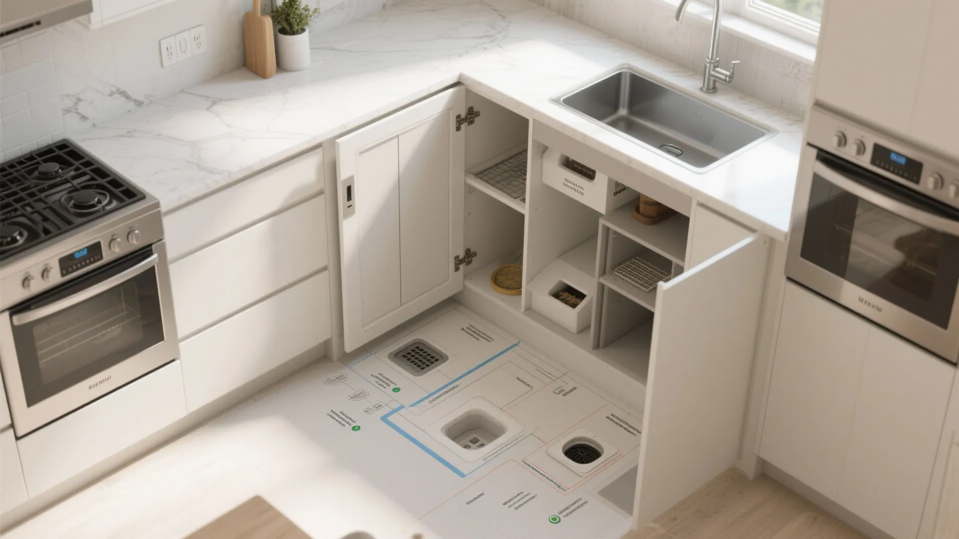 Top down interior design drawing showing white kitchen cabinets and sink layout for a room