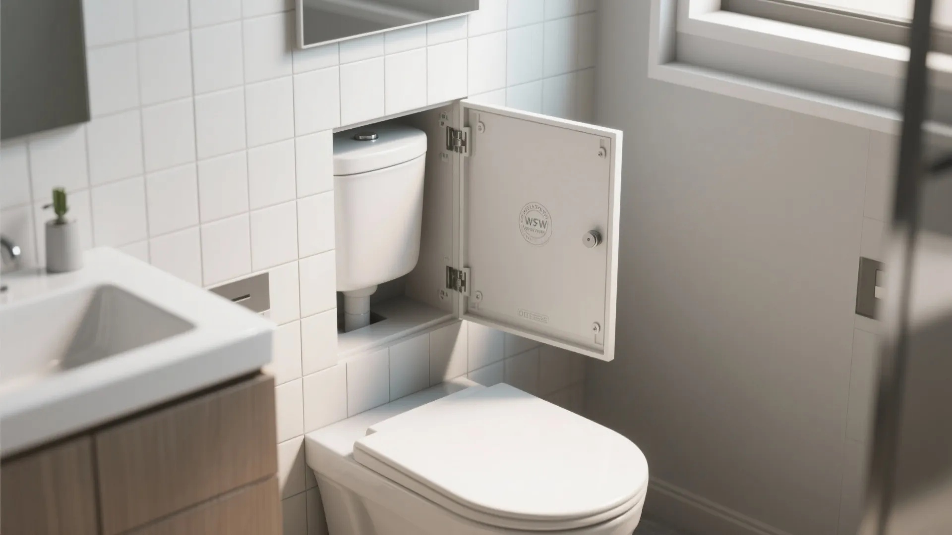 White bathroom with open wall panel showing toilet water tank inside white tiles and sink