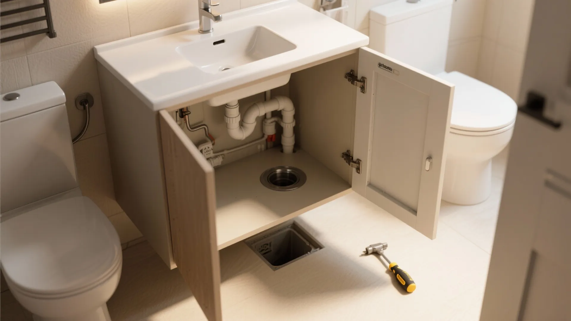 Modern bathroom with white sink cabinet showing open doors plumbing pipes toilet and floor drain