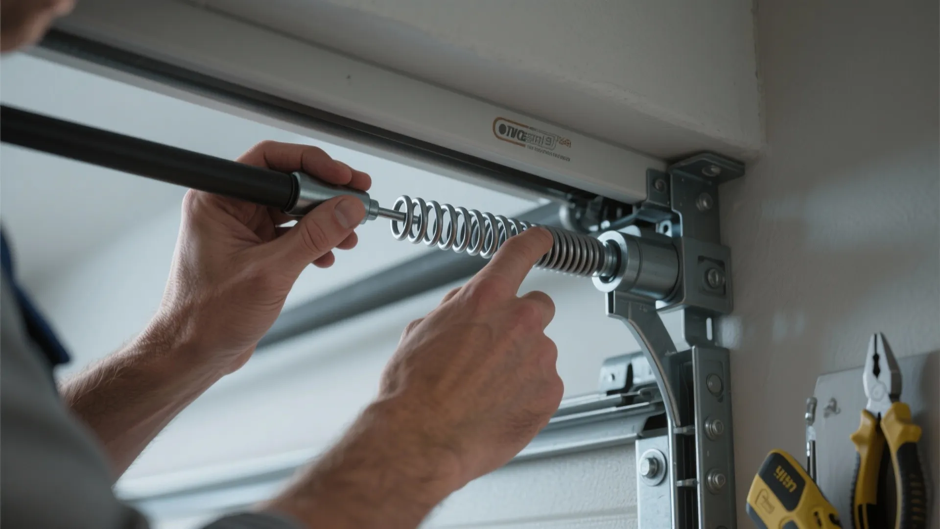 Technician inspecting garage door spring and track for indoor safety and retrofit planning