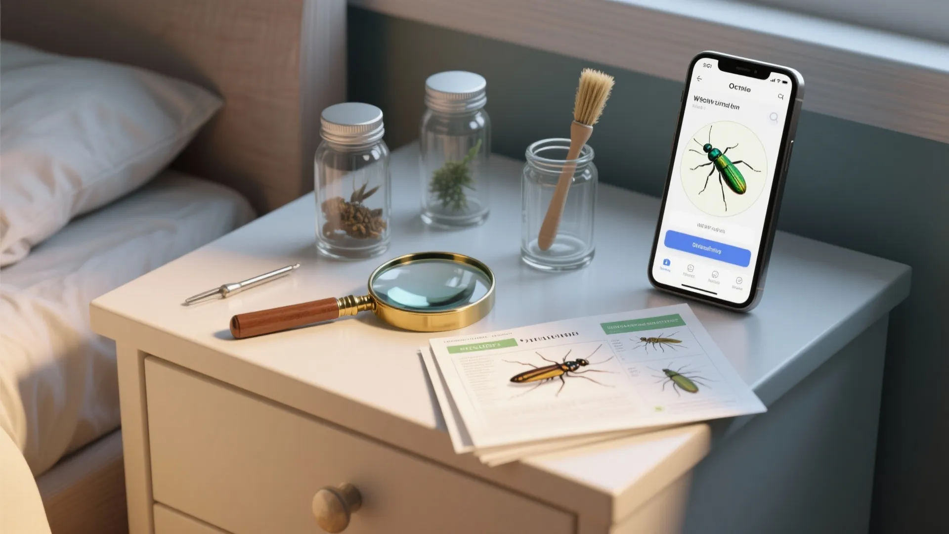 White bedside table with magnifying glass jars small brush and phone app showing different insect types