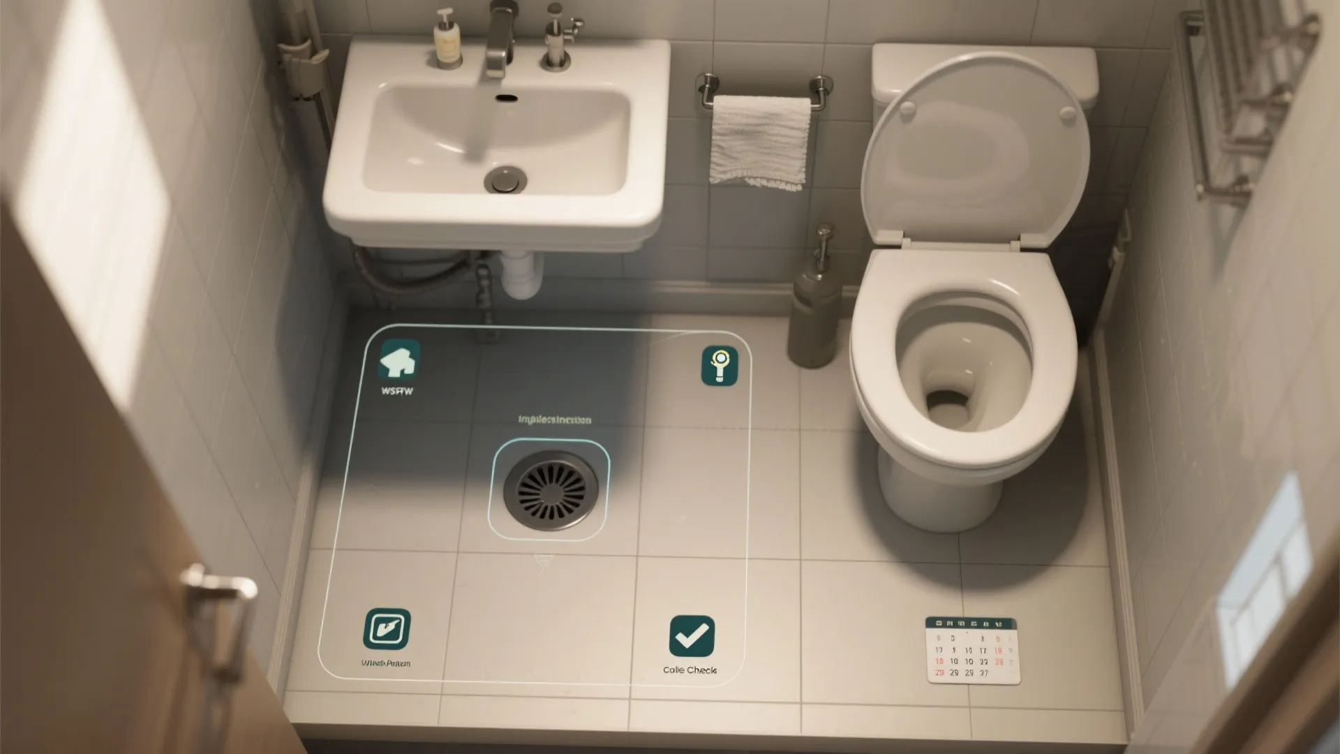 Modern bathroom interior view from above showing toilet sink floor drain and highlighted inspection zones