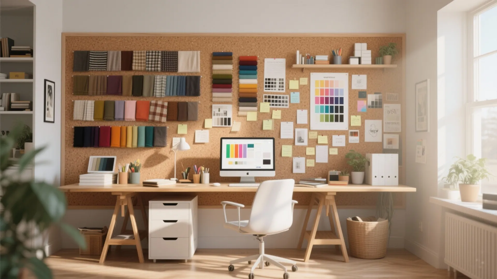 Home office with cork board holding fabric swatches color palettes white desk computer and chair
