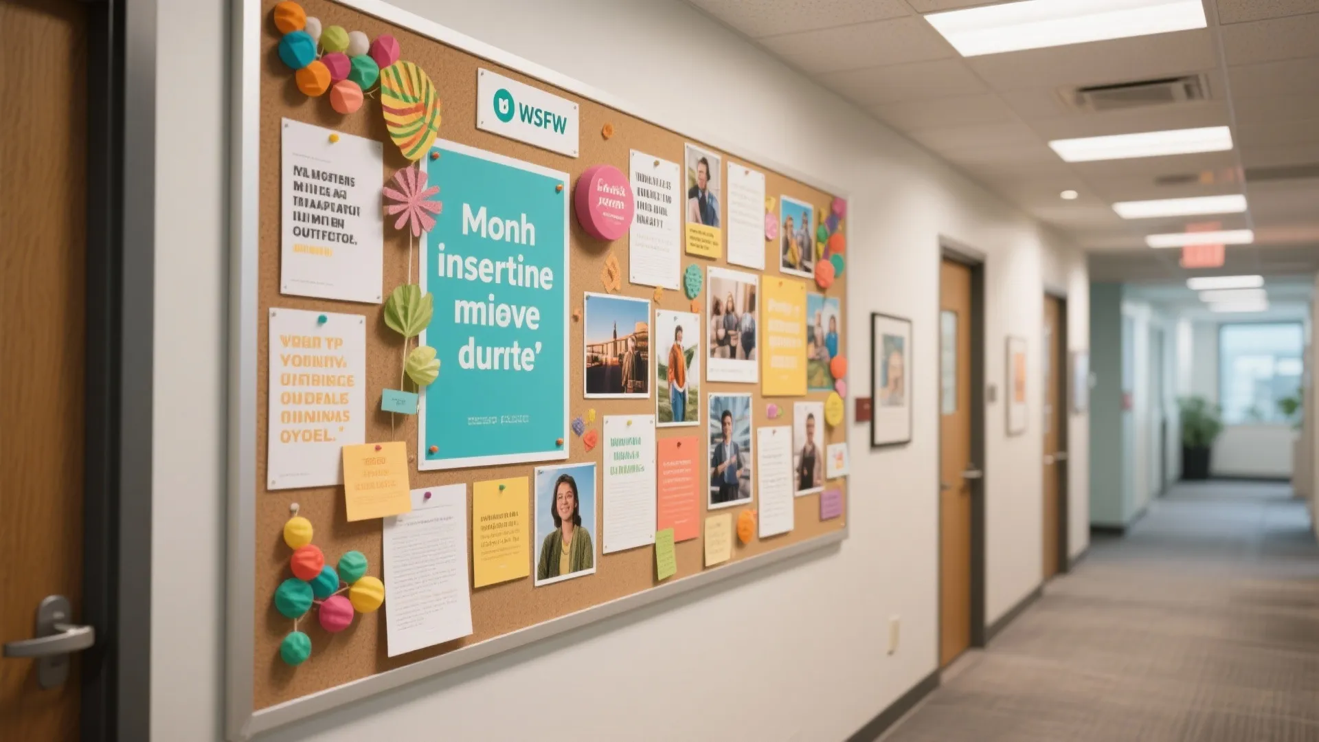 Office corridor cork board with colorful posters notes and photos for creative interior design inspiration