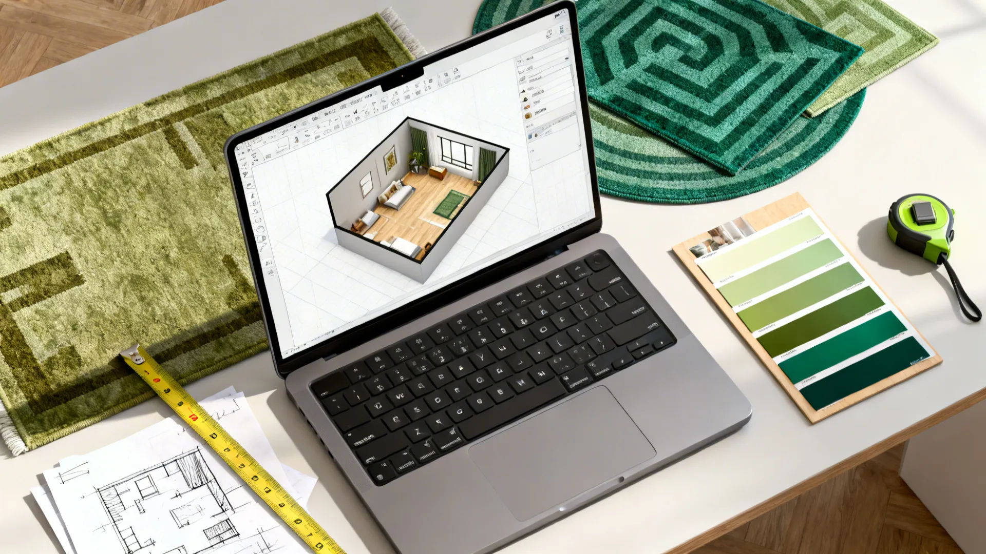 Top-down workspace with a 3D floor planner, green rug swatches and measuring tools.
