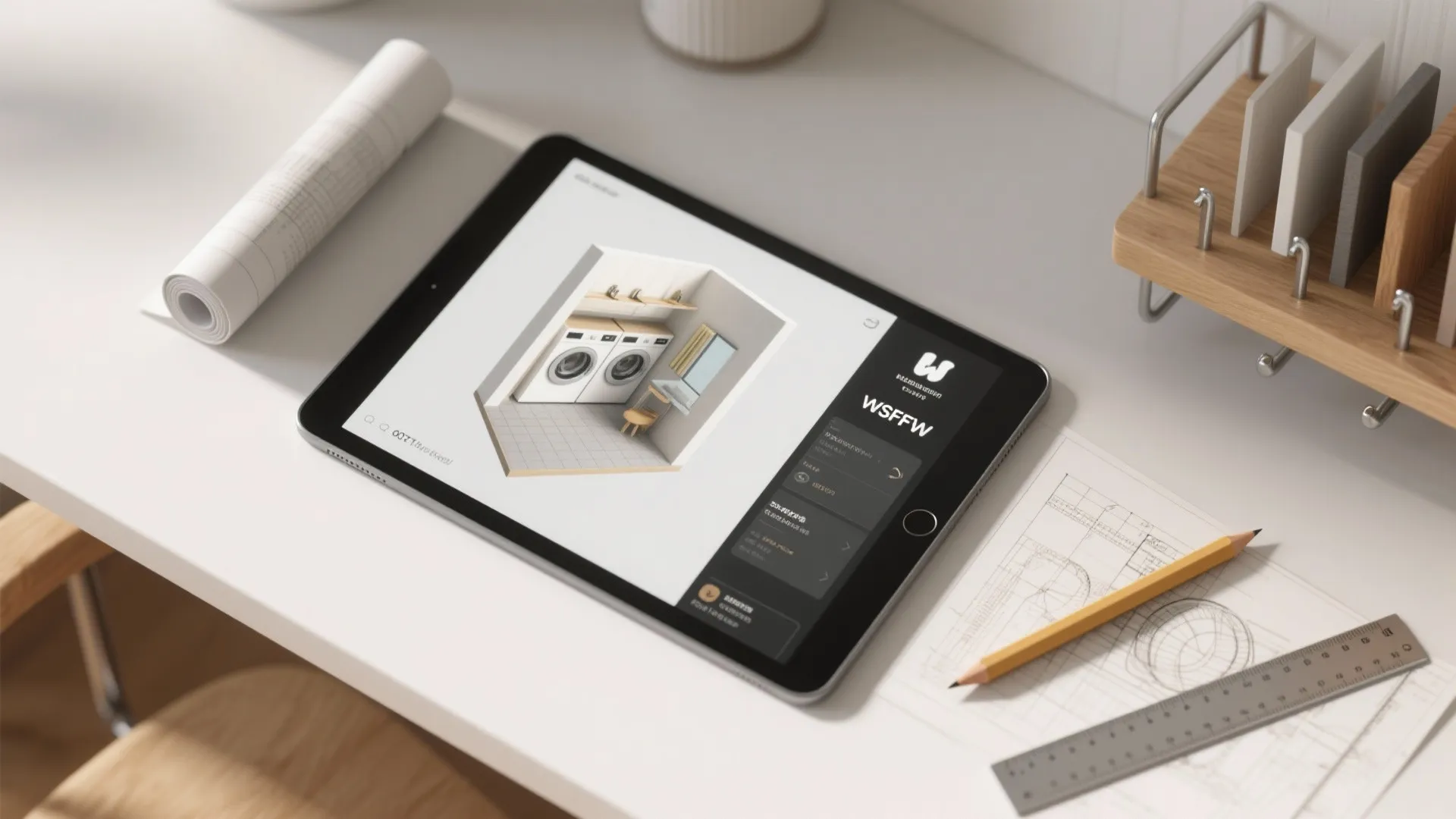 Tablet displaying a 3D laundry room design on a desk with ruler and pencil tools