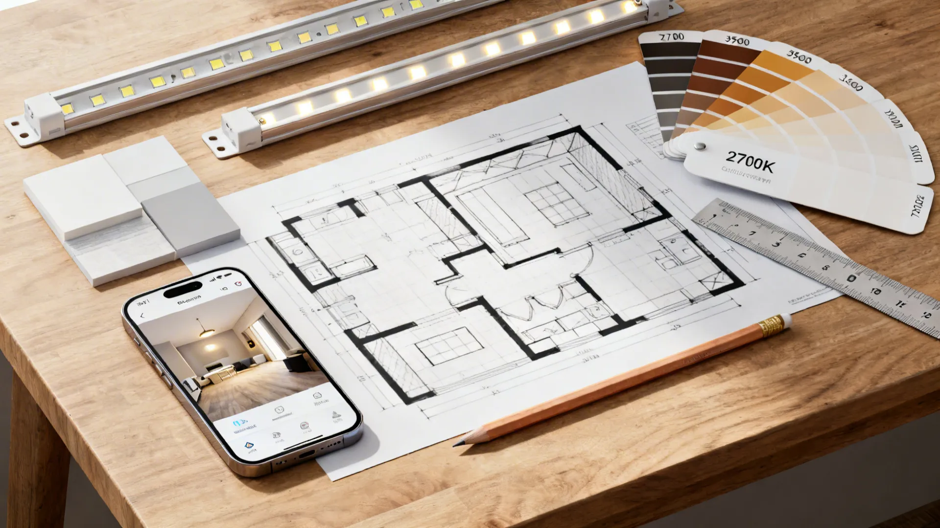 Flatlay of room planner app, floor plan, LED samples and color temperature swatches for track lighting planning.
