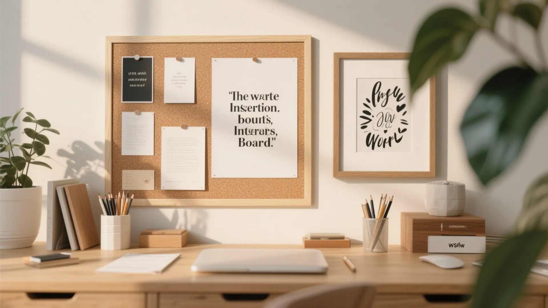 Wooden desk featuring cork board with notes framed wall art laptop books and pencils holder